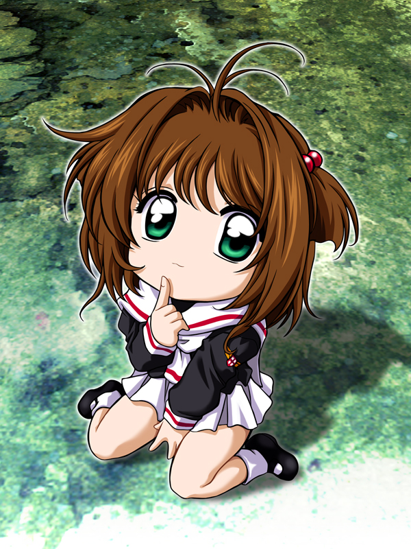 d-ten, kinomoto sakura, cardcaptor sakura, 1990s (style), 1girl, brown hair, chibi, child, female focus, full body, green eyes, hair bobbles, hair ornament, retro artstyle, school uniform, serafuku, short hair, solo, tomoeda middle school uniform