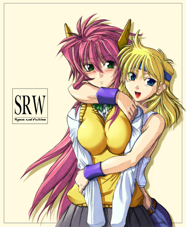 lune zoldark, valsione, valsione r, banpresto, super robot wars, super robot wars original generation, super robot wars the lord of elemental, 2girls, :d, belt, blonde hair, blue eyes, blush, breasts, denim, hairband, hug, hug from behind, jeans, large breasts, long hair, mecha, multiple girls, open mouth, pants, pink hair, robot, school uniform, serafuku, skirt, smile