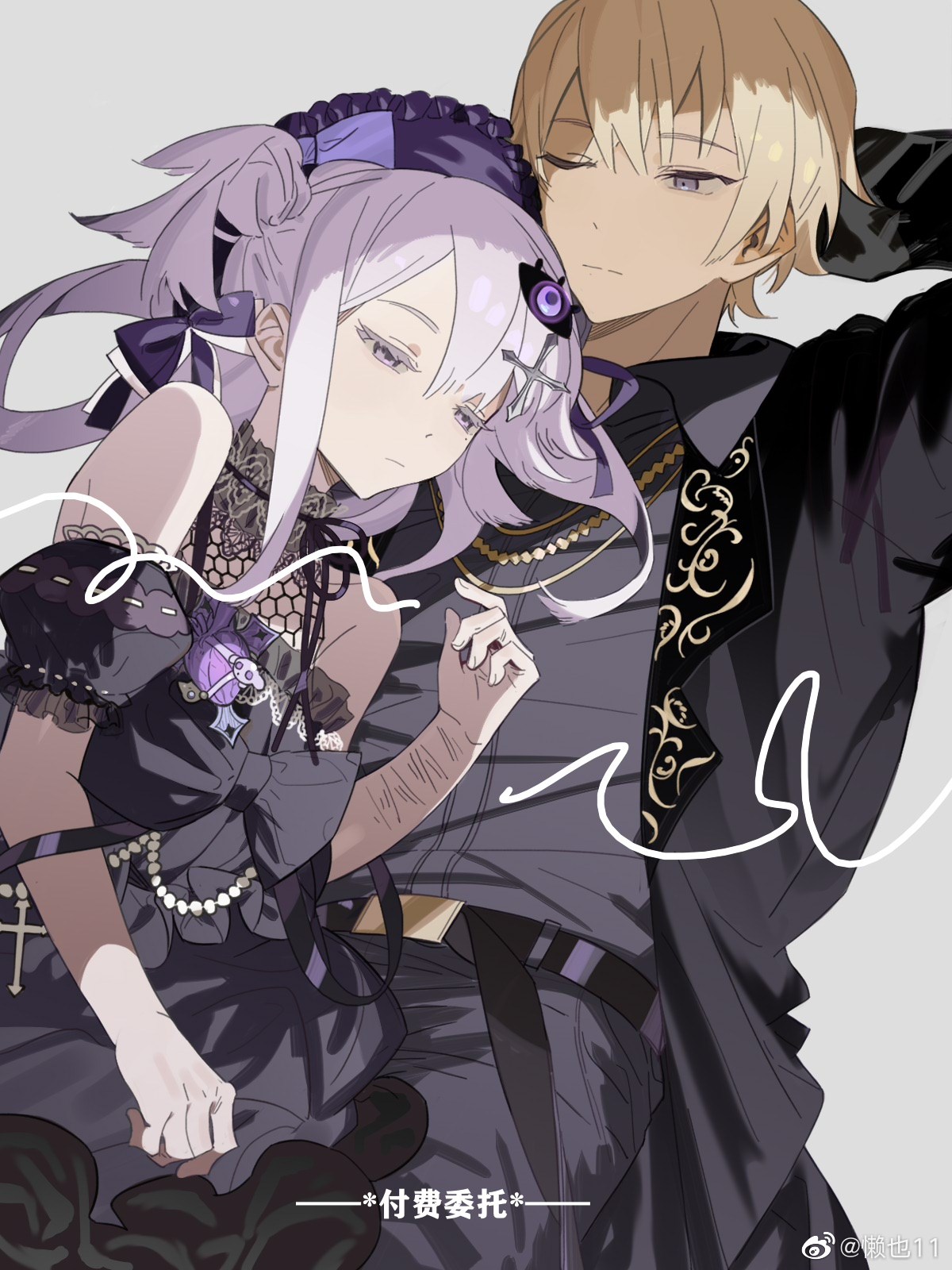 original, highres, 1boy, 1girl, arms up, belt, black bow, black dress, black jacket, black pants, black ribbon, black shirt, blonde hair, bow, chain, chain necklace, collared shirt, dark skin, dress, frilled dress, frills, gothic lolita, hair between eyes, hair ornament, hairband, jacket, jewelry, lanye11, lolita fashion, lolita hairband, long hair, looking down, lying, lying on another, lying on person, neck ribbon, necklace, one eye closed, open clothes, open jacket, pants, purple bow, purple eyes, purple hair, ribbon, scar, shirt, short hair, two side up
