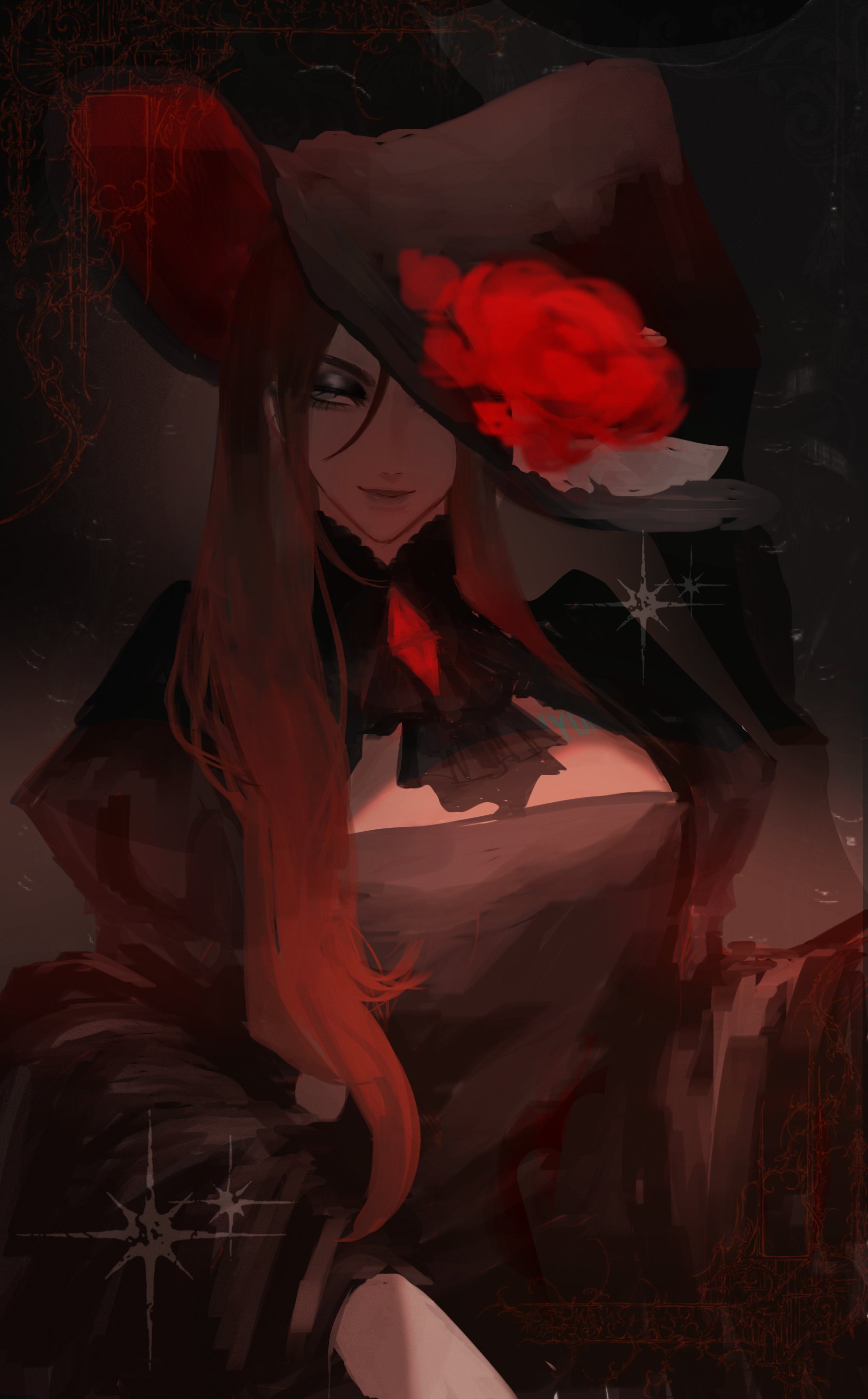 hyuna (alien stage), alien stage, absurdres, commentary, english commentary, highres, 1girl, alternate costume, ascot, black ascot, black dress, black hat, brown hair, cleavage cutout, clothing cutout, cowboy shot, dark-skinned female, dark skin, dress, eyeshadow, flower, grey eyeshadow, hat, hat flower, hyunmi (pathtoanal), long hair, looking to the side, makeup, red flower, red rose, rose, smile, solo, very long hair, witch hat