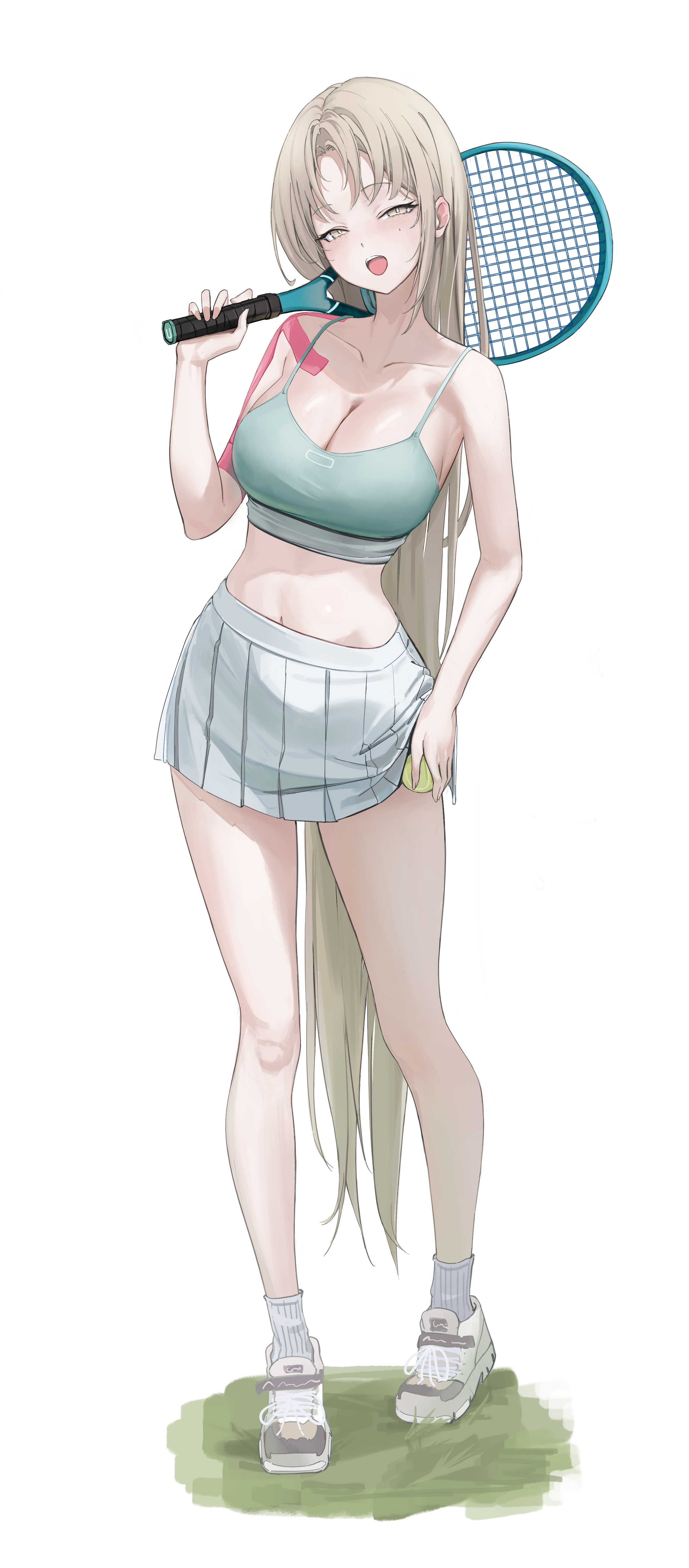 laneigu, yuzu (laneigu), original, absurdres, commentary, highres, 1girl, bare arms, bare legs, bare shoulders, blonde hair, breasts, cleavage, crop top, full body, green shirt, hand up, holding, holding tennis racket, large breasts, long hair, looking at viewer, midriff, miniskirt, navel, open mouth, pleated skirt, racket, ribbed socks, shirt, shoes, skirt, sleeveless, sleeveless shirt, smile, socks, solo, spaghetti strap, tennis racket, thighs, very long hair, white shoes, white skirt, white socks, yellow eyes