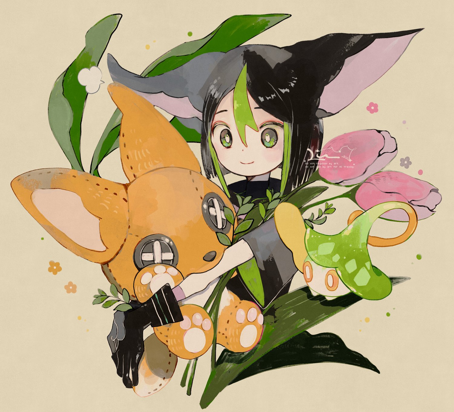 li04r, tighnari (genshin impact), genshin impact, commentary, hashtag-only commentary, highres, 1boy, black gloves, black hair, black shirt, button eyes, buttons, closed mouth, cropped torso, dot nose, double-parted bangs, ears down, flower, gloves, green eyes, green hair, hair between eyes, holding, holding stuffed toy, leaf, male focus, pink flower, plant, sanpaku, shirt, short sleeves, smile, solo, stuffed animal, stuffed toy, two-sided shirt, wide sleeves