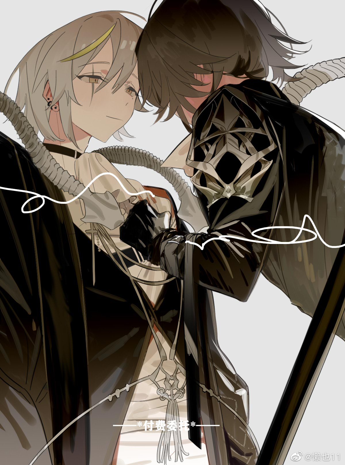 original, highres, 2boys, armor, ascot, black choker, black gloves, black hair, choker, earrings, from behind, gloves, grey hair, hair between eyes, hand on another's chest, jacket, jewelry, lanye11, long sleeves, looking at another, male focus, multicolored hair, multiple boys, short hair, shoulder armor, simple background, streaked hair, weapon, white ascot, yellow eyes