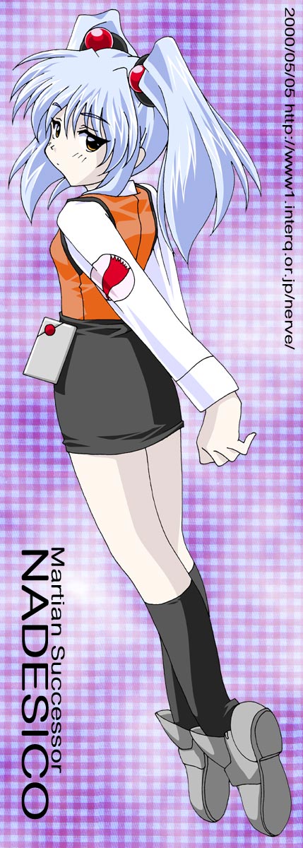 sugimura tomokazu, hoshino ruri, kidou senkan nadesico, silver hair, highres, 1girl, black skirt, black socks, blue eyes, emblem, female focus, full body, kneehighs, loafers, long sleeves, pencil skirt, shoes, short hair, skirt, socks, solo, standing, twintails, vest