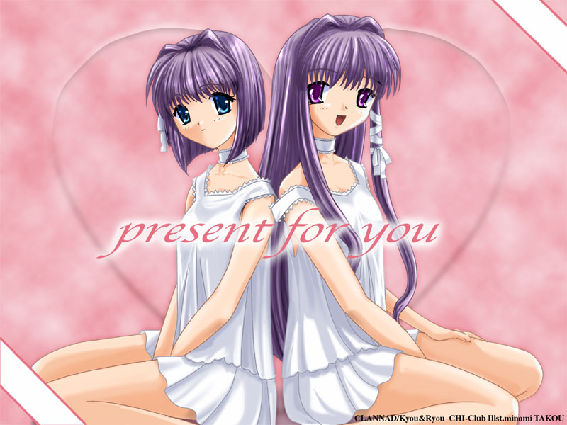 fujibayashi kyou, fujibayashi ryou, clannad, 00s, 2girls, choker, lingerie, multiple girls, nightgown, purple hair, siblings, sisters, twins, underwear