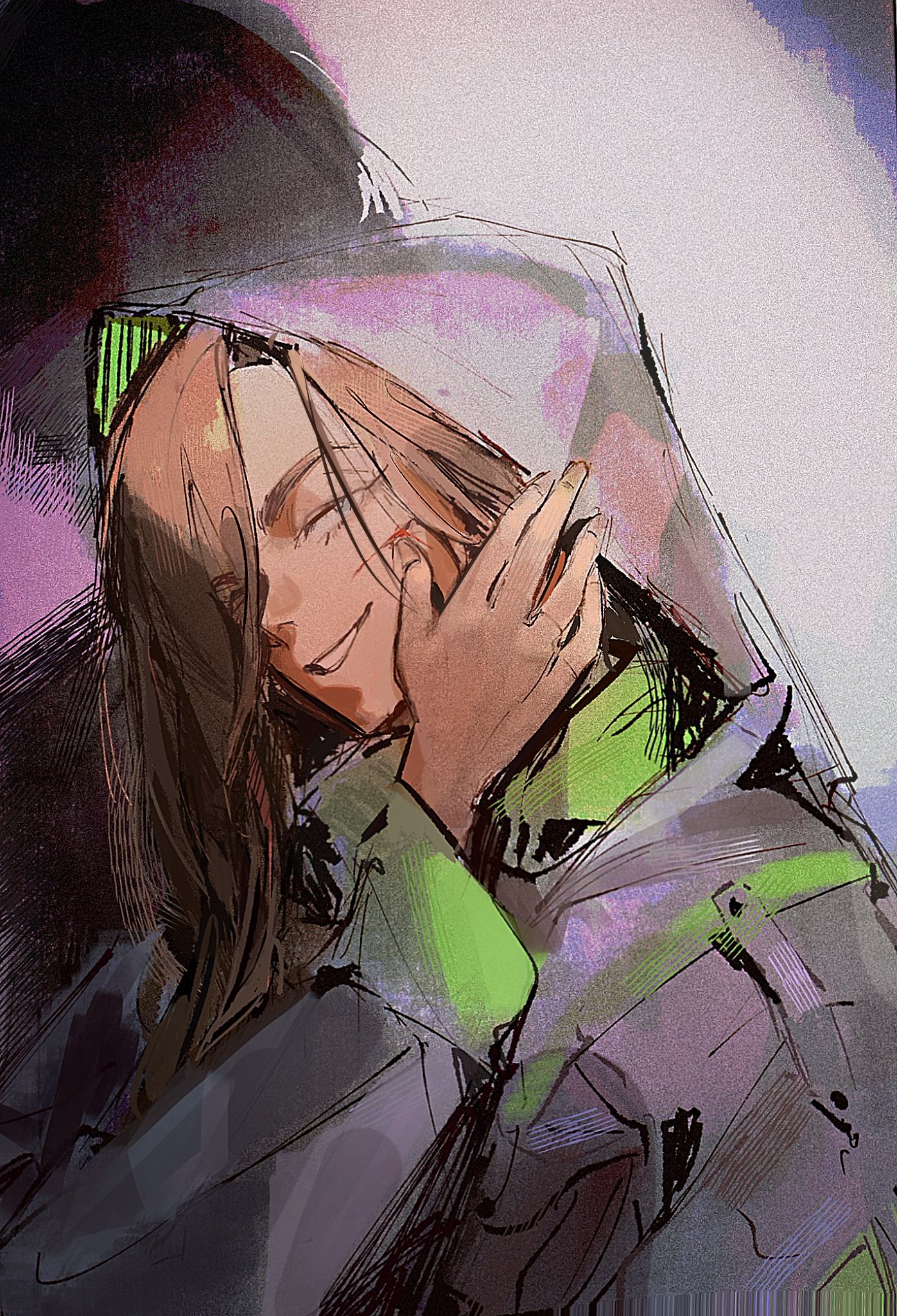 sucipto de goya, hyuna (alien stage), alien stage, commentary, english commentary, highres, second-party source, 1girl, black hood, blood, brown hair, dark-skinned female, dark skin, grey eyes, hood, hood up, injury, long hair, long sleeves, smile, solo, wiping blood