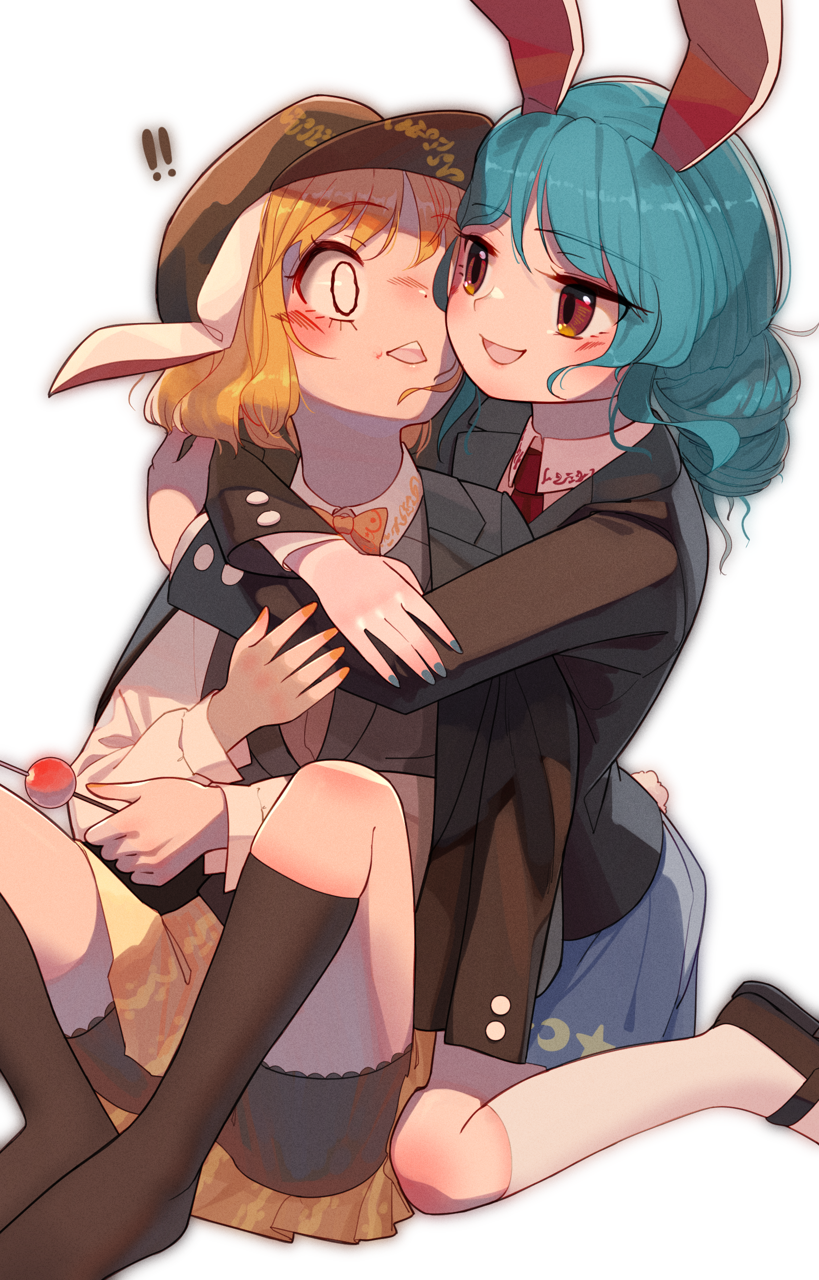 housulu, ringo (touhou), seiran (touhou), touhou, absurdres, commentary request, highres, !, 2girls, animal ears, black bloomers, black jacket, black shoes, black socks, blank eyes, blonde hair, bloomers, blue hair, blue nails, blue skirt, blush, bow, bowtie, brown eyes, buttons, collared shirt, dango, floppy ears, food, grey vest, hat, holding, holding food, hug, jacket, jacket on shoulders, kneeling, knees, lips, long hair, long sleeves, multiple girls, necktie, newsboy cap, open mouth, orange bow, orange bowtie, orange nails, orange skirt, rabbit ears, rabbit girl, rabbit tail, red necktie, shirt, shoes, short hair, skirt, smile, socks, surprised, tail, teeth, triangle mouth, underwear, upper teeth only, vest, wagashi, white background, white shirt, white socks