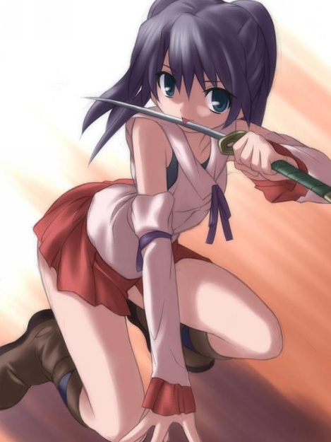 koku, black hair, blue eyes, blue hair, boots, licking, skirt, sword, tongue, wakizashi, weapon