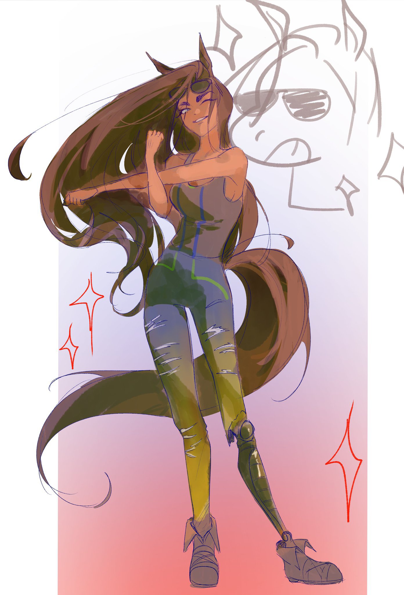 sucipto de goya, hyuna (alien stage), alien stage, artist request, check artist, commentary, english commentary, highres, second-party source, 1girl, animal ears, black shoes, black tank top, blue pants, breasts, brown hair, dark-skinned female, dark skin, eyewear on head, gradient pants, horse ears, horse girl, horse tail, long hair, one eye closed, pants, prosthesis, prosthetic leg, shoes, smile, solo, stretching, sunglasses, tail, tank top, two-tone pants, very long hair, yellow pants