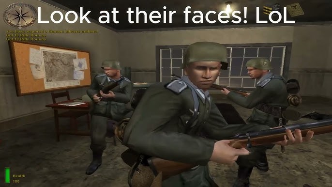 medal of honor, 3boys, bulletin board, game screenshot, gun, holding, holding gun, holding weapon, medal of honor: allied assault, multiple boys, weapon