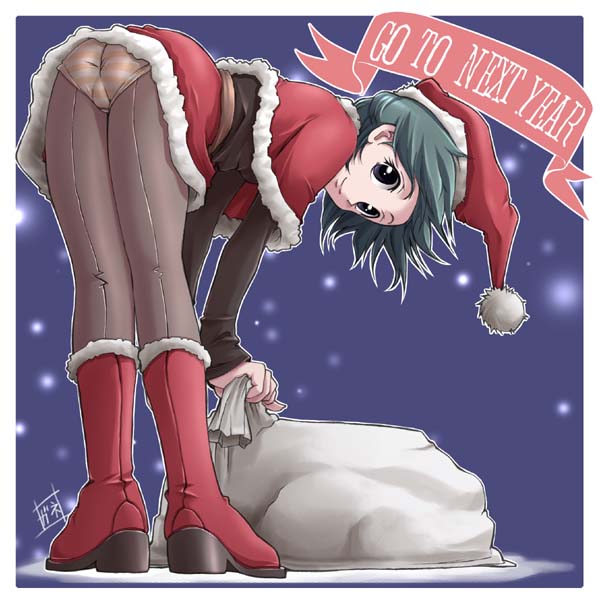 1girl, ass, back-seamed legwear, bent over, boots, christmas, female focus, green hair, hat, panties, panties under pantyhose, pantyhose, santa costume, seamed legwear, solo, striped clothes, striped panties, underwear