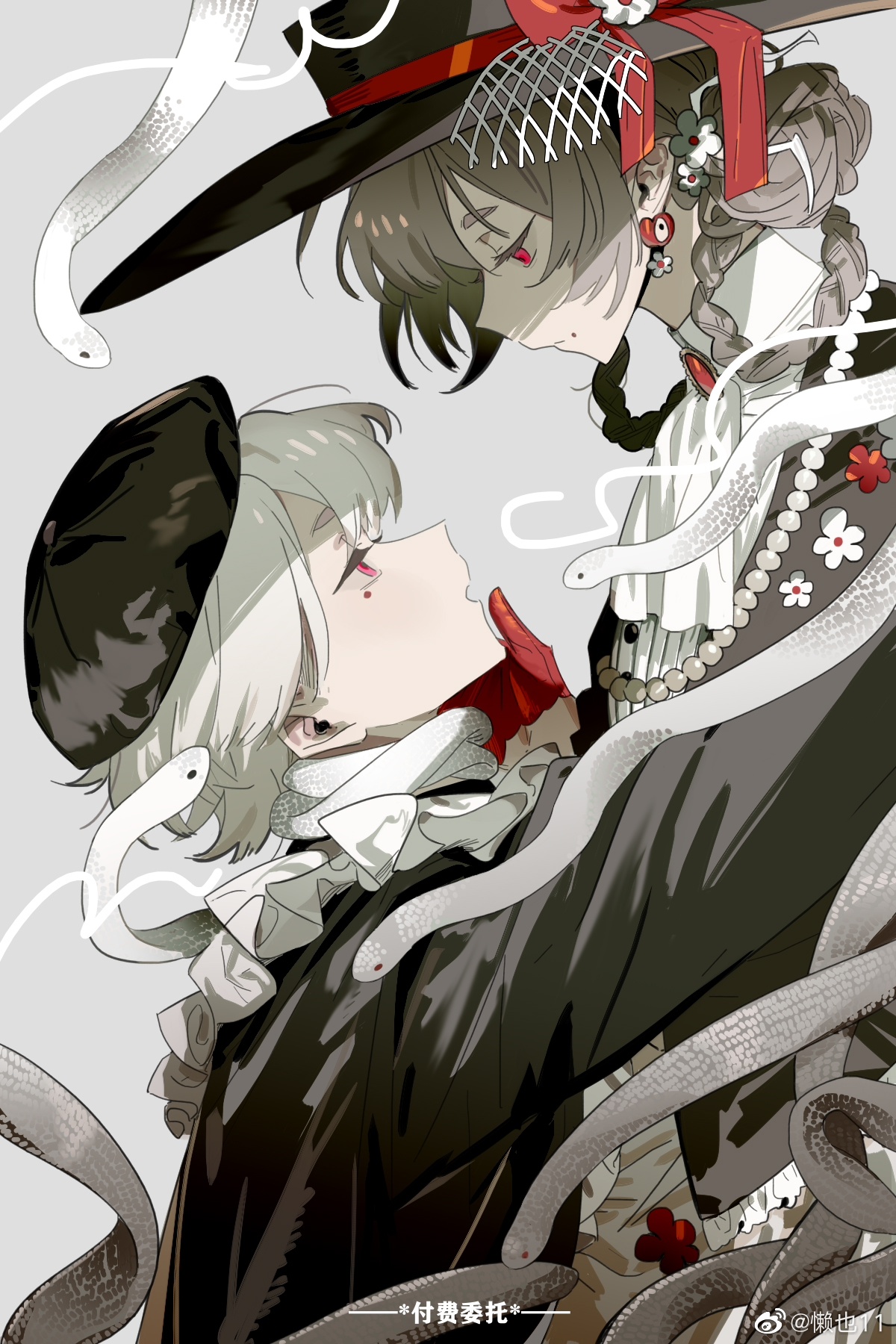 original, highres, 1boy, 1girl, ascot, black coat, black hat, bow, braid, brown hair, coat, collared shirt, earrings, flower, frills, from side, gloves, grey hair, hair bun, hair rings, hand on another's chin, hat, hat bow, hat flower, jewelry, lanye11, long hair, long sleeves, looking at another, looking down, looking up, mole, mole under eye, mole under mouth, necklace, pearl necklace, red bow, red eyes, red flower, red gloves, ribbon, shirt, short hair, snake, white ascot, white flower, white shirt, white snake