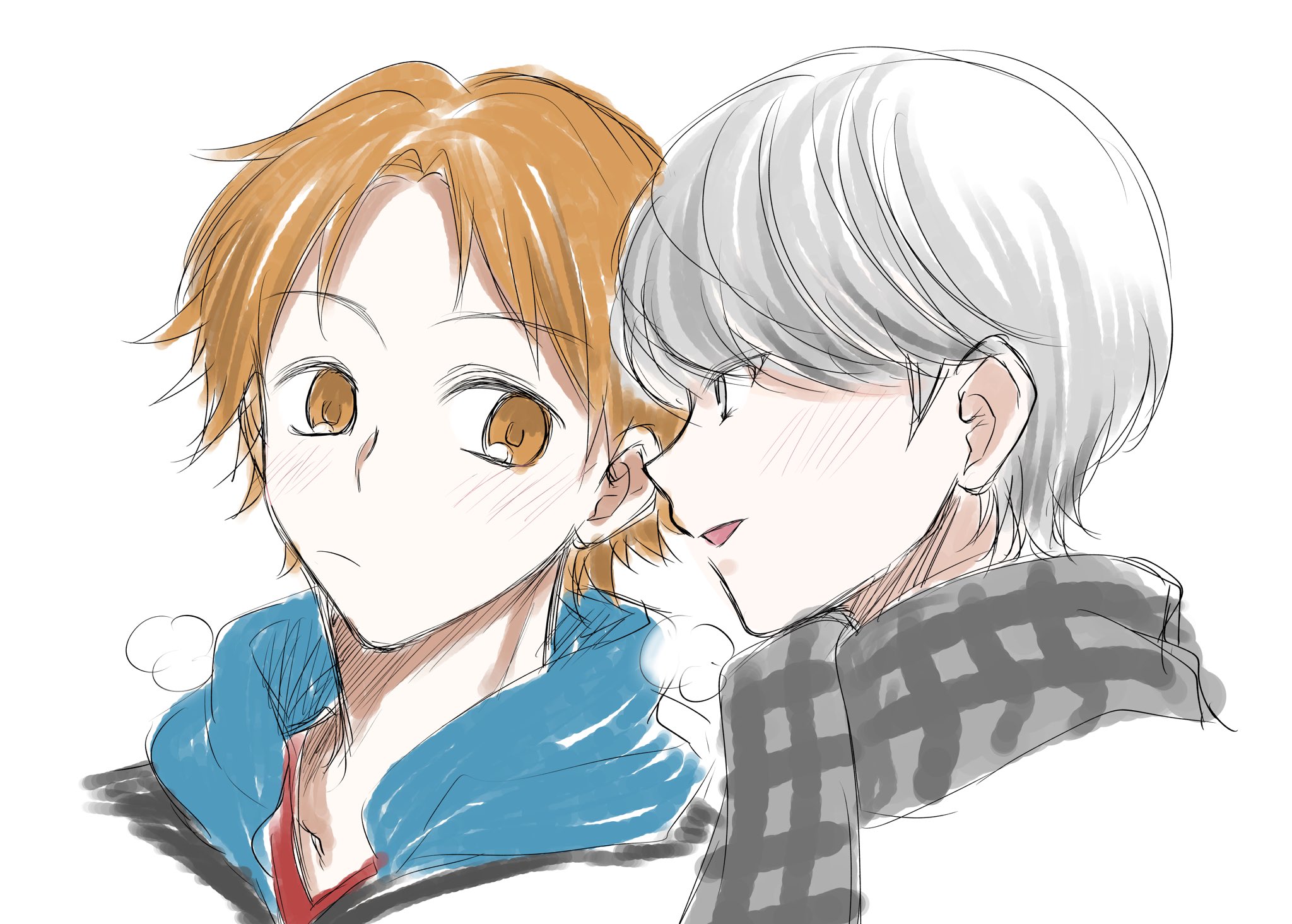 hanamura yousuke, narukami yu, persona, persona 4, commentary request, highres, 2boys, blush, breath, brown eyes, brown hair, closed mouth, ebak k3, grey eyes, grey hair, grey scarf, looking at another, looking to the side, male focus, multiple boys, open mouth, scarf, short hair, simple background, sketch, white background
