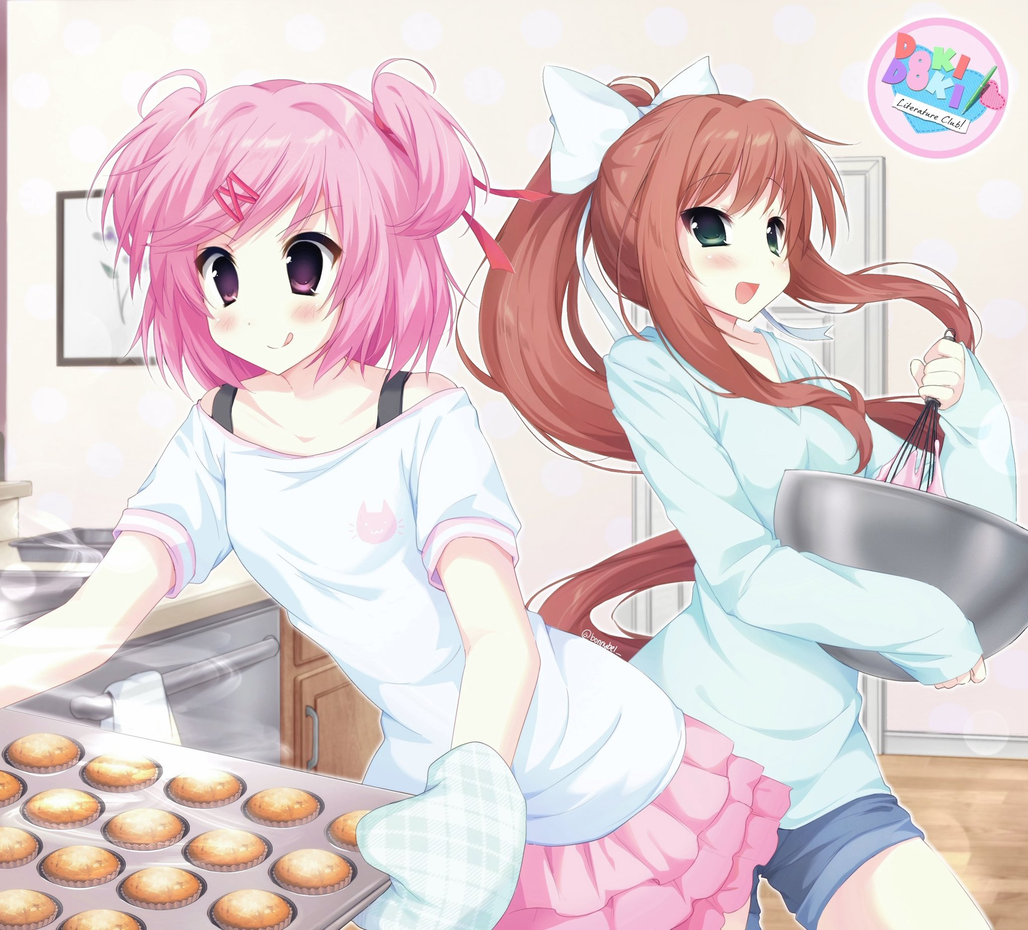 jelly (bonnybel), monika (doki doki literature club), natsuki (doki doki literature club), doki doki literature club, highres, 2000s (style), 2girls, hair ornament, hair ribbon, hairclip, looking at viewer, multiple girls, open mouth, pink eyes, pink hair, ponytail, red ribbon, ribbon, shirt, short hair, skirt, swept bangs, two side up, x hair ornament