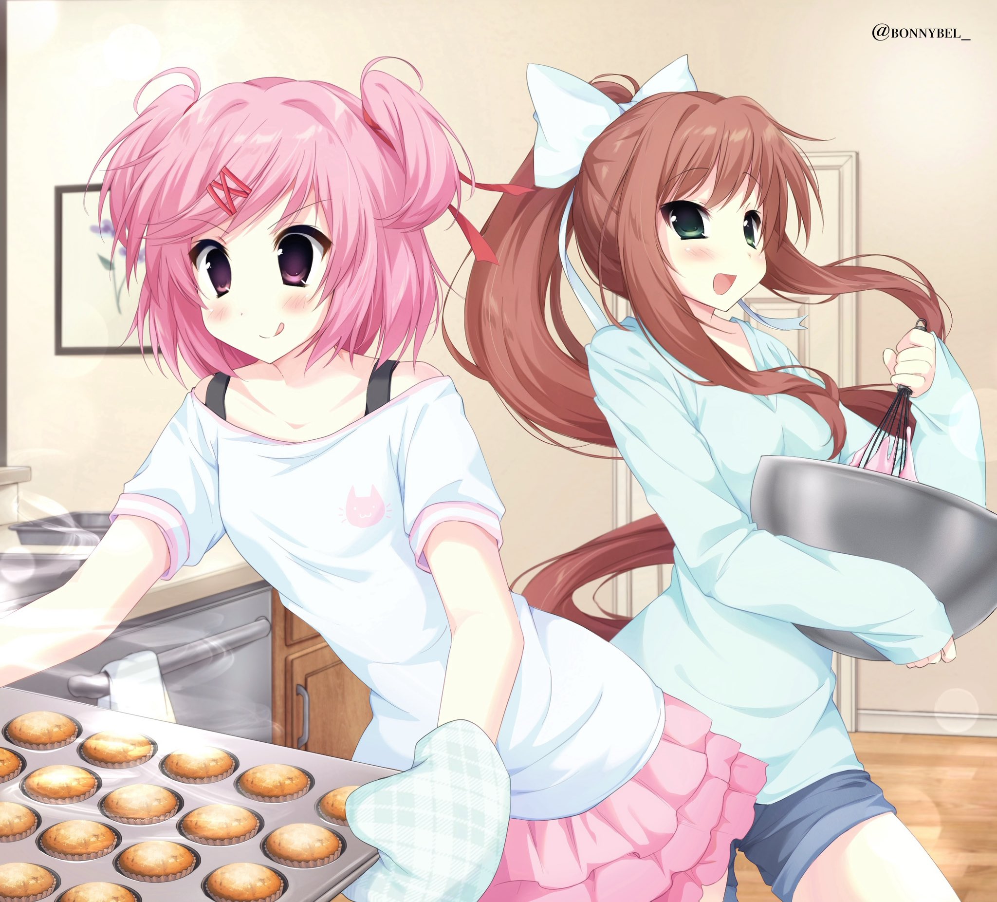 jelly (bonnybel), monika (doki doki literature club), natsuki (doki doki literature club), doki doki literature club, highres, 2000s (style), 2girls, hair ornament, hair ribbon, hairclip, looking at viewer, multiple girls, open mouth, pink eyes, pink hair, ponytail, red ribbon, ribbon, shirt, short hair, skirt, swept bangs, two side up, x hair ornament