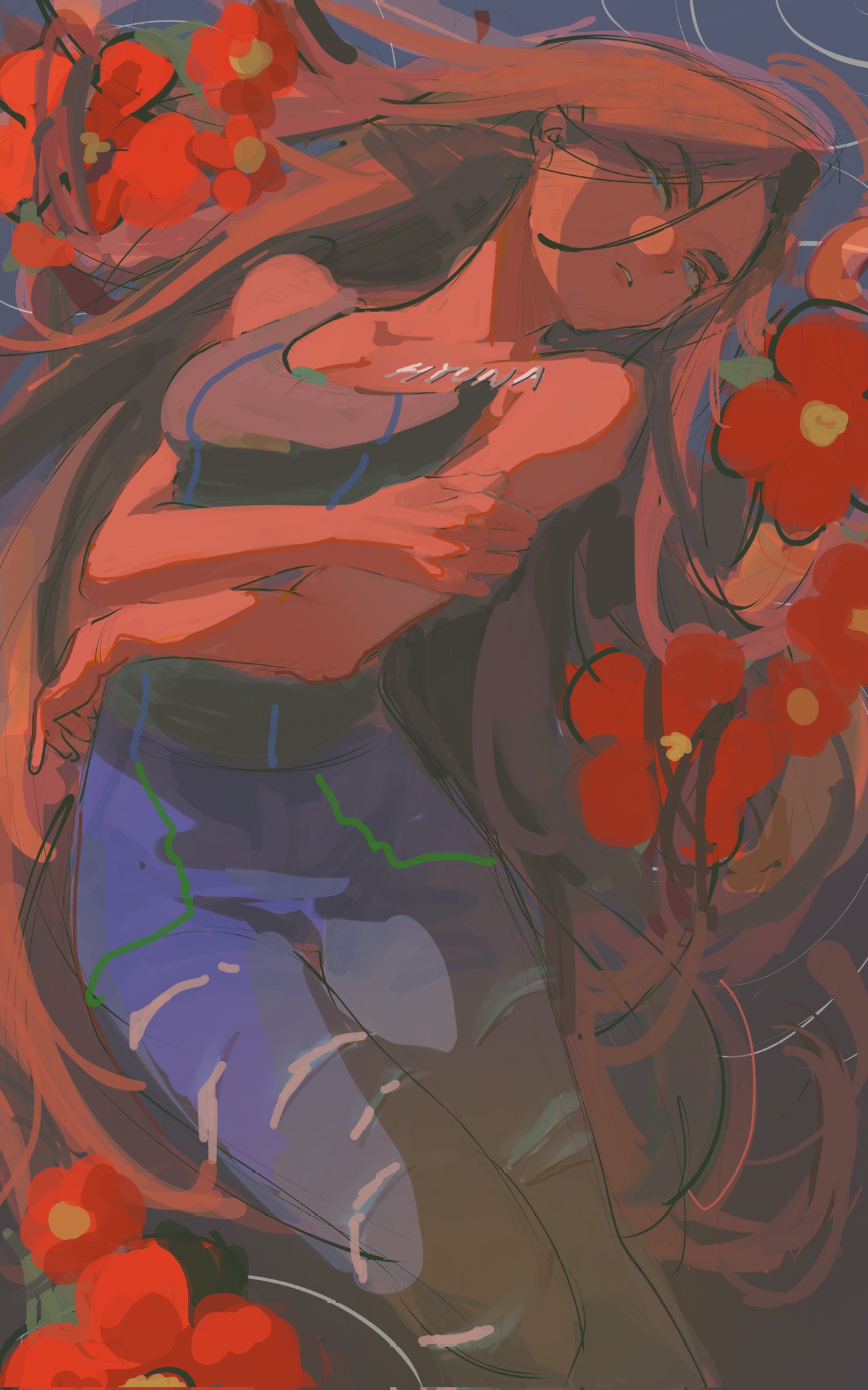 sucipto de goya, hyuna (alien stage), alien stage, artist request, check artist, commentary, english commentary, highres, second-party source, 1girl, black tank top, blue pants, brown hair, chest tattoo, flower, grey eyes, hand on own arm, long hair, pants, parted lips, primrose (flower), red flower, solo, tank top, tattoo, very long hair, water