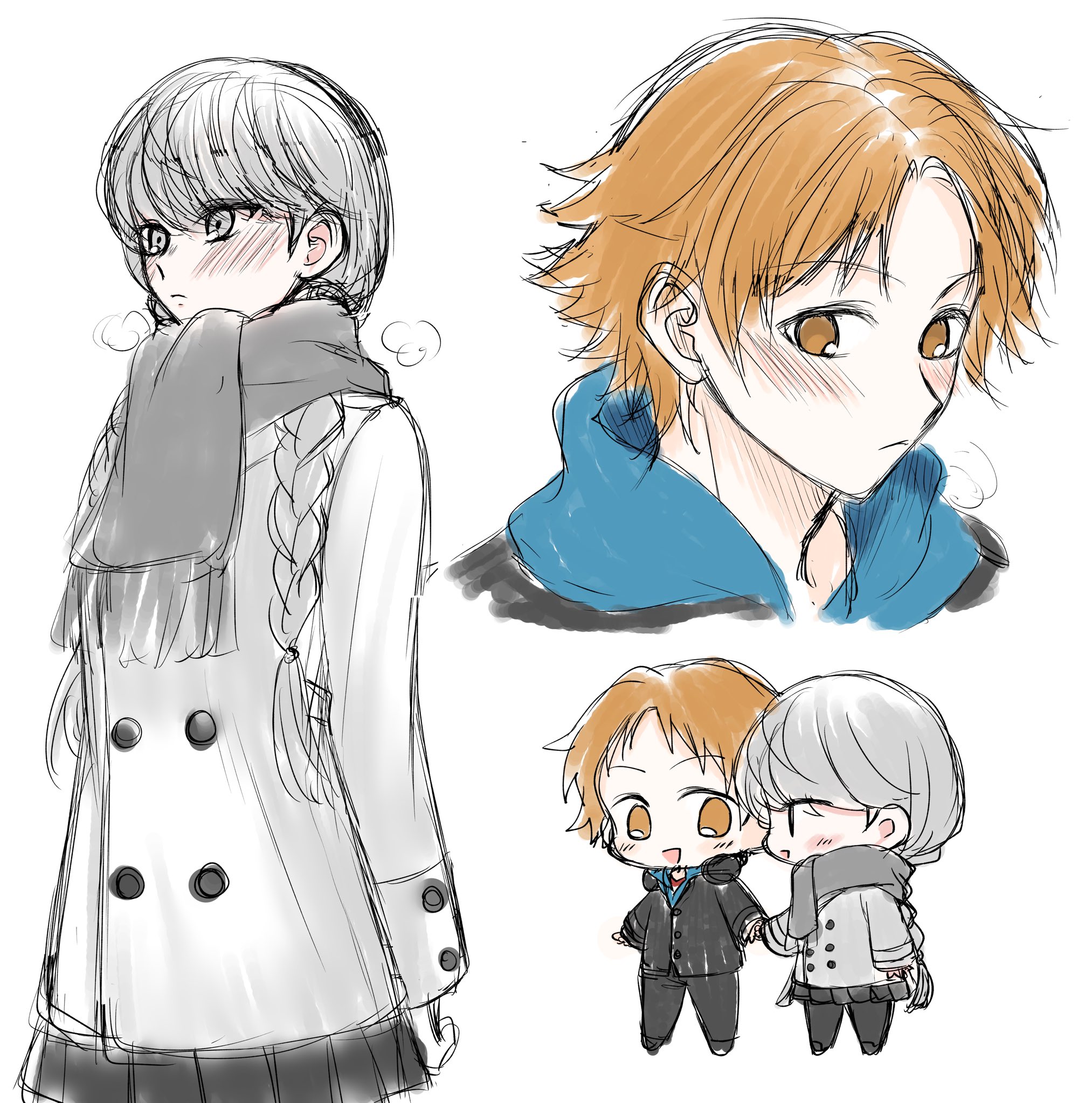 hanamura yousuke, narukami yu, persona, persona 4, commentary request, highres, 1boy, 1girl, black jacket, black pants, black skirt, blush, braid, breath, brown eyes, brown hair, chibi, closed mouth, coat, ebak k3, full body, genderswap, genderswap (mtf), grey coat, grey eyes, grey hair, grey scarf, headphones, headphones around neck, hetero, holding hands, jacket, long hair, long sleeves, looking at another, multiple views, open mouth, pants, pleated skirt, scarf, school uniform, short hair, simple background, sketch, skirt, smile, standing, twin braids, white background, winter clothes, yasogami school uniform