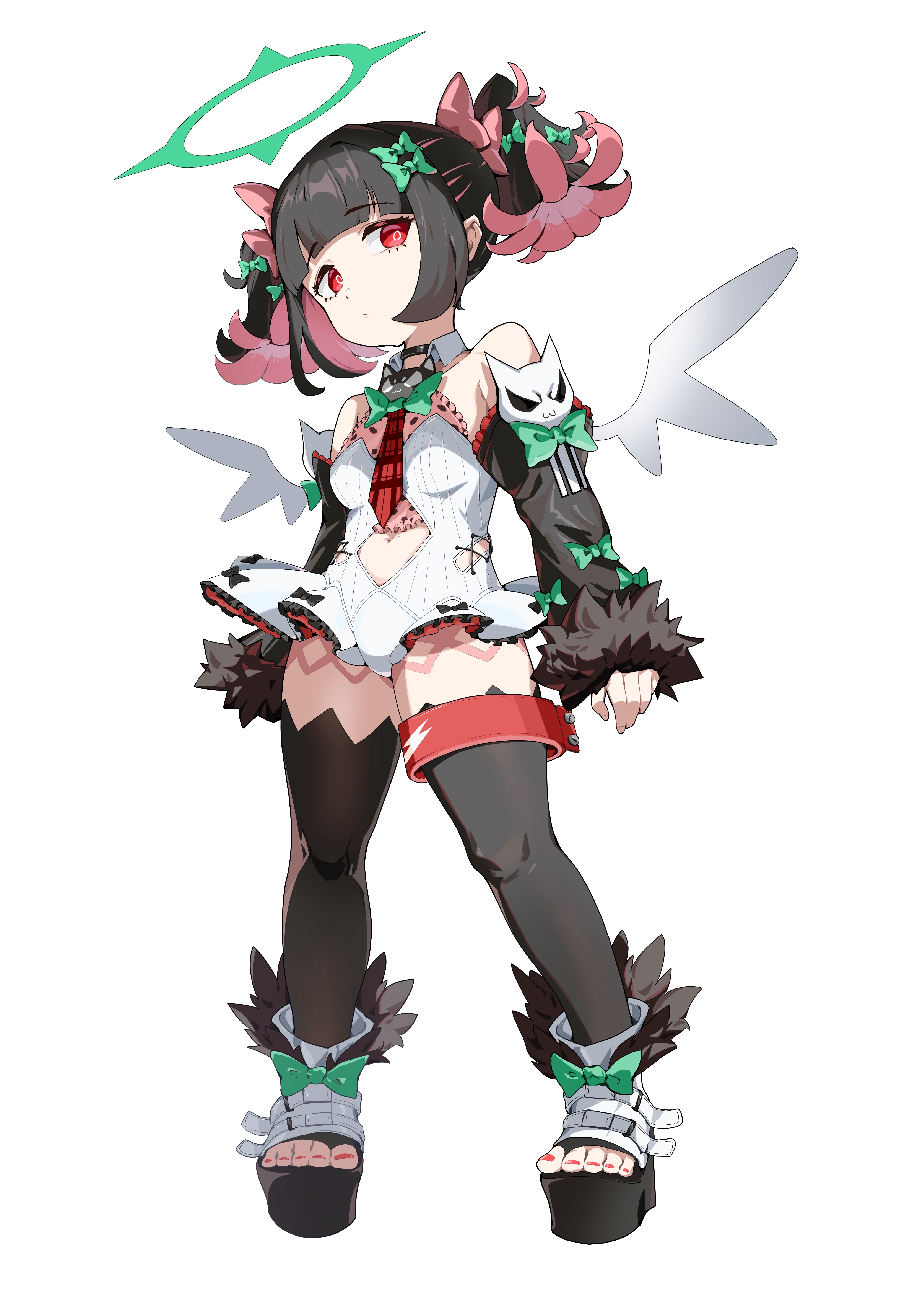rokudu sariel, zenless zone zero, absurdres, highres, 1girl, bare shoulders, black hair, blunt bangs, bow, detached sleeves, green bow, green eyes, hair bow, hair ornament, halo, long hair, looking at viewer, multicolored hair, necktie, pink hair, red eyes, red necktie, siluvia, solo, thighhighs, twintails, two-tone hair