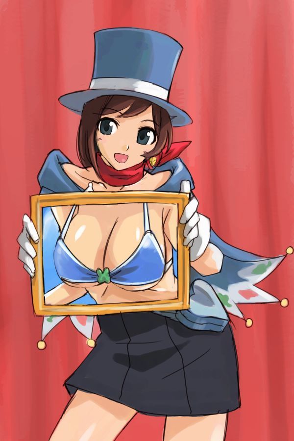 michael f91, trucy wright, ace attorney, apollo justice: ace attorney, capcom, 1girl, bikini, bikini top only, blue bikini, blue hat, brown hair, cape, female focus, hat, magic trick, magician, see-through clothes, skirt, solo, swimsuit
