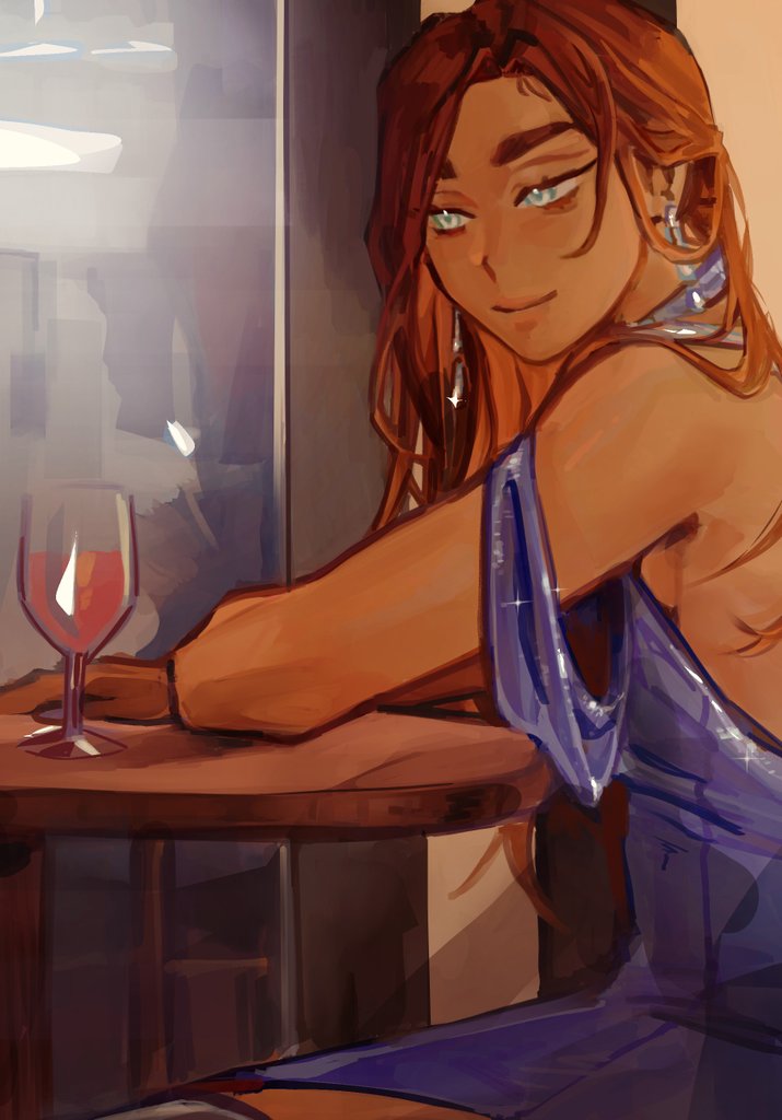 michaeelwave, hyuna (alien stage), alien stage, commentary, english commentary, second-party source, 1girl, alcohol, alternate costume, blue dress, brown hair, cup, dark-skinned female, dark skin, dress, drinking glass, earrings, jewelry, long hair, sitting, smile, solo, table, wine, wine glass