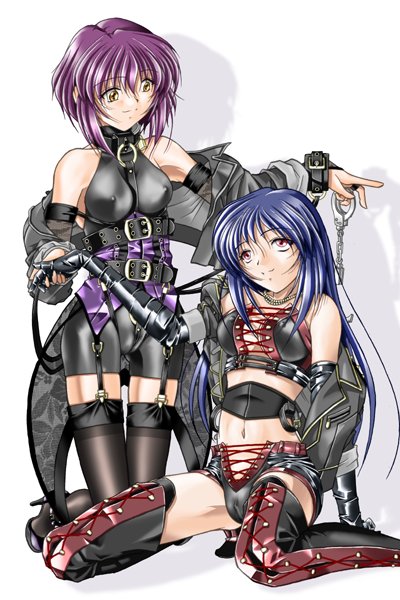 yitsuse masami, blue hair, collar, cuffs, elbow gloves, gloves, handcuffs, jacket, jewelry, latex, leather, necklace, purple hair, thighhighs