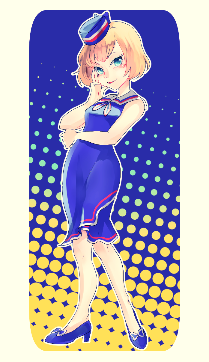 sarara1119, clarice (disney), mickey mouse & friends, character request, check character, highres, 1girl, animification, blue dress, blue eyes, brown hair, dress, eyelashes, full body, humanization, looking at viewer, personification, sailor collar, sailor dress, shoes, short hair, sleeveless, sleeveless dress, smile