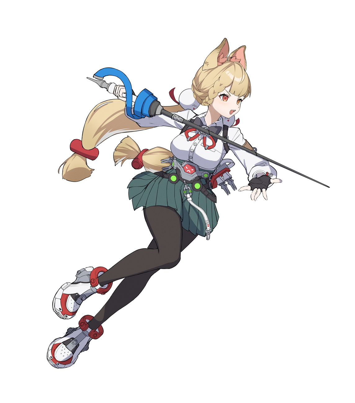 kinokare, alice thymefield, zenless zone zero, highres, 1girl, animal ears, blonde hair, breasts, hair ornament, heterochromia, large breasts, long hair, looking at viewer, low twintails, rabbit ears, rabbit girl, red eyes, shirt, solo, sphere hair ornament, twintails, white shirt, yellow eyes