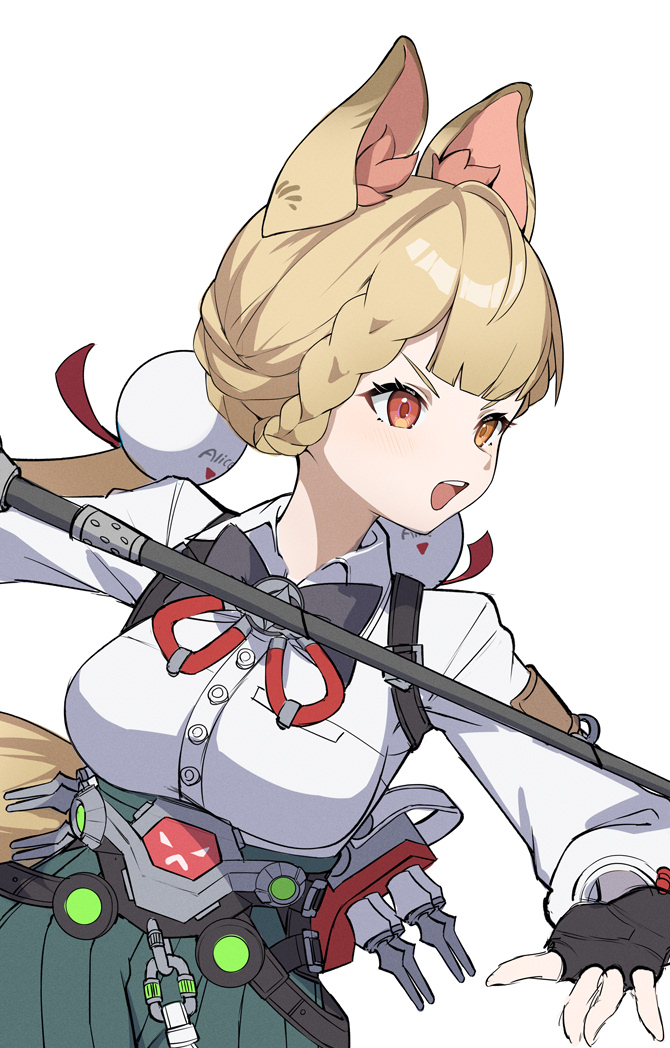 kinokare, alice thymefield, zenless zone zero, 1girl, animal ears, blonde hair, breasts, hair ornament, heterochromia, large breasts, long hair, looking at viewer, low twintails, rabbit ears, rabbit girl, red eyes, shirt, solo, sphere hair ornament, twintails, white shirt, yellow eyes