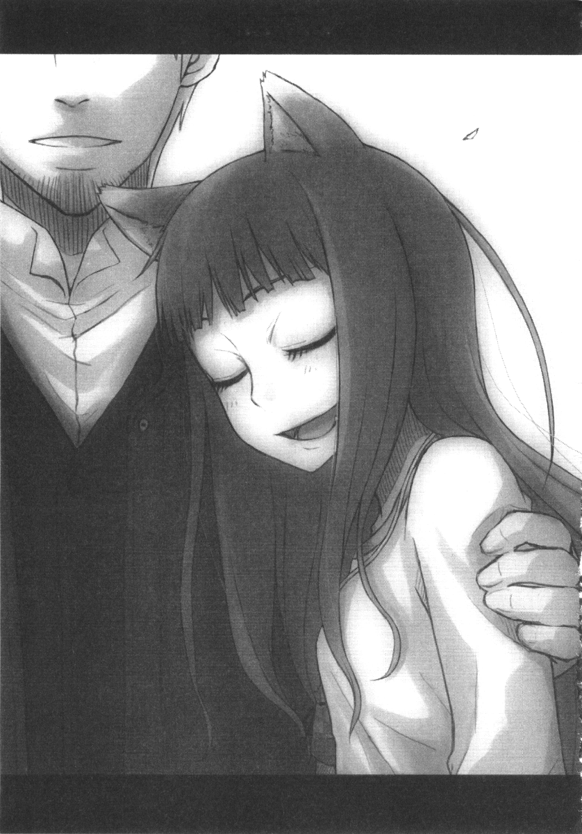 ayakura juu, craft lawrence, holo, spice and wolf, highres, novel illustration, official art, 00s, 1boy, 1girl, animal ears, greyscale, monochrome, wolf ears