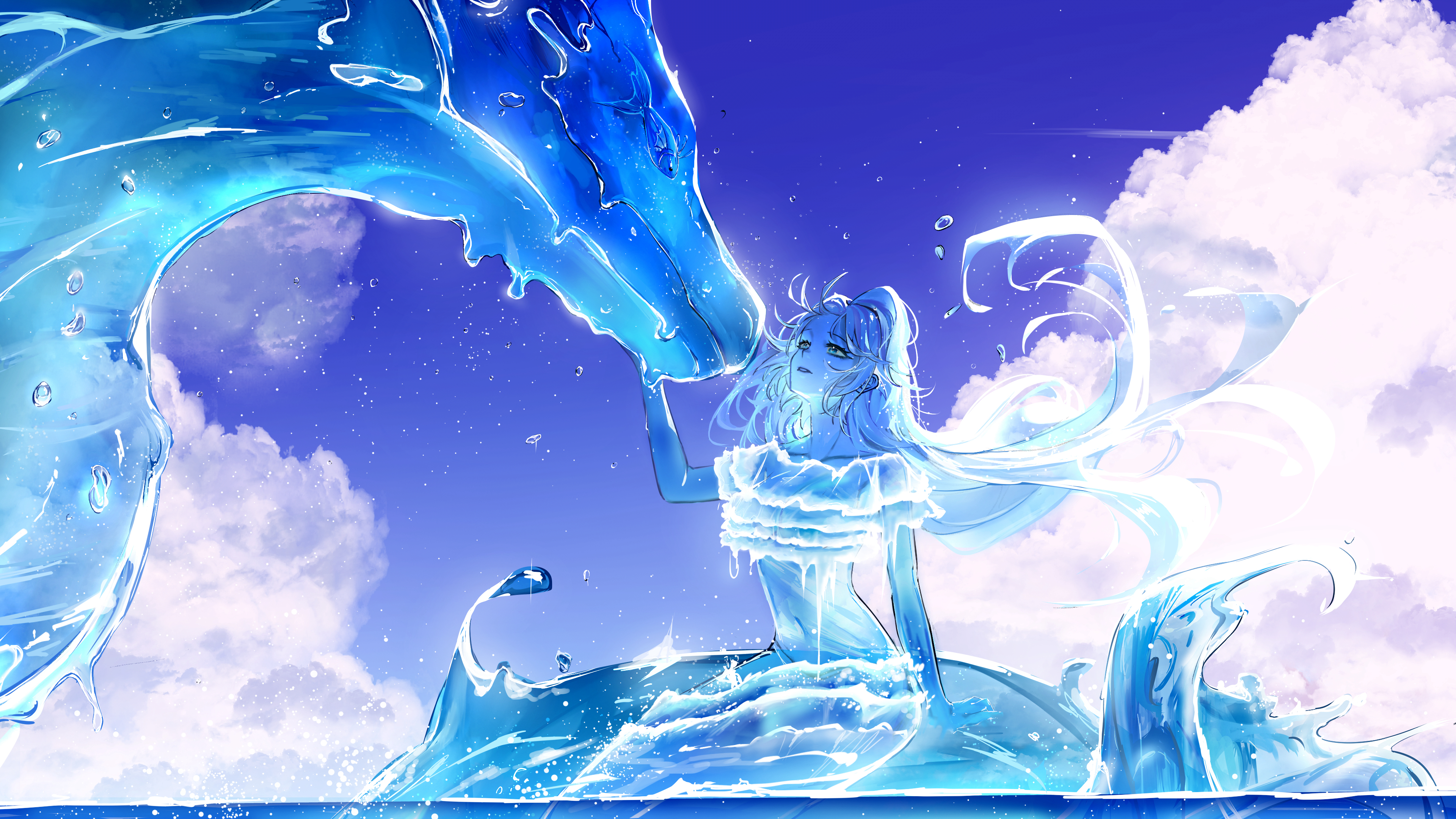 original, absurdres, commentary, english commentary, highres, 1girl, arm support, blue sky, cloud, cropped shirt, day, dragon, fish, floating hair, frilled shirt, frills, hand up, long hair, mermaid, monster girl, navel, nuto 2525, ocean, outdoors, see-through body, shirt, sky, sparkle, stomach, water drop