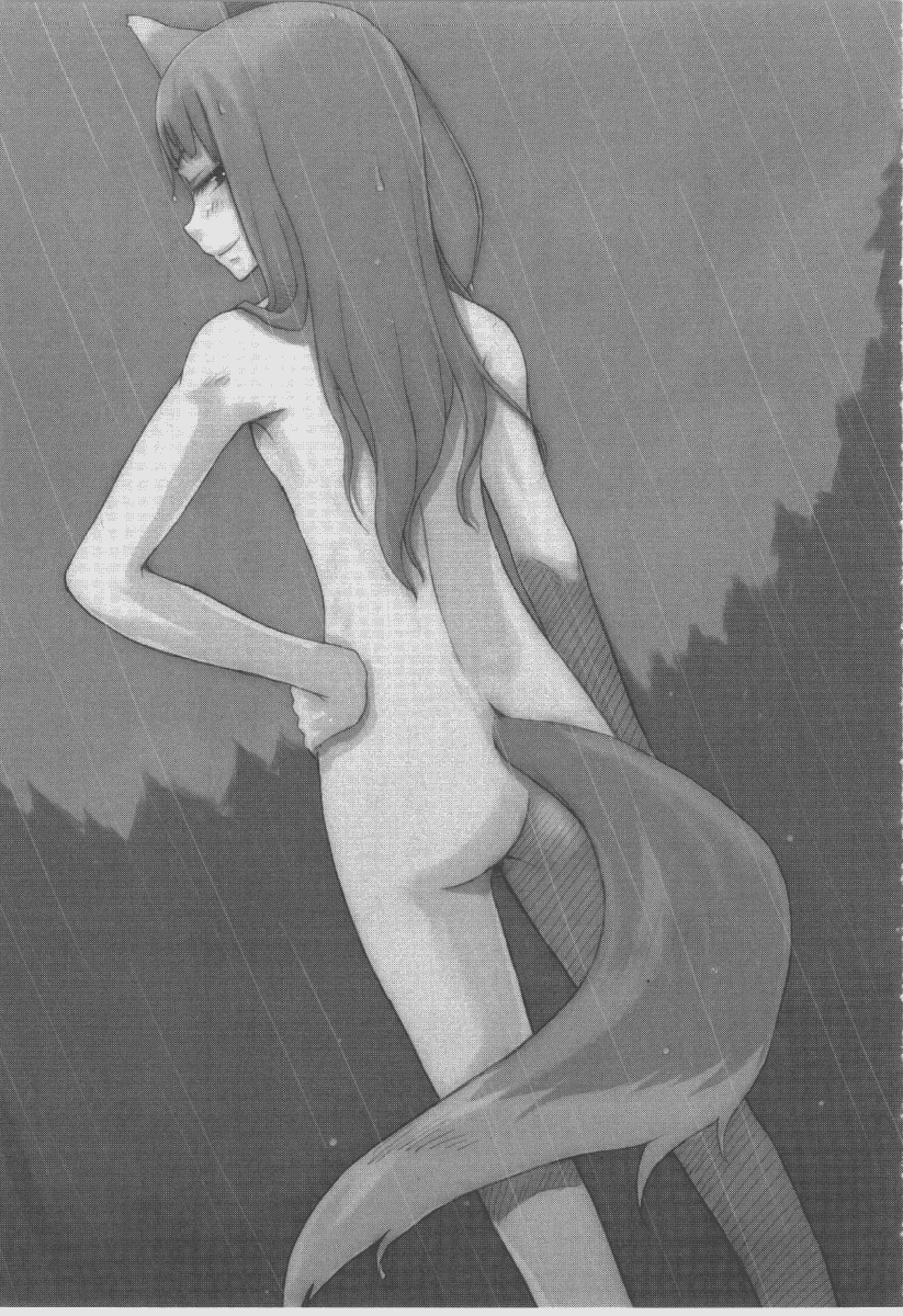 ayakura juu, holo, spice and wolf, highres, novel illustration, official art, 00s, 1girl, animal ears, ass, female focus, greyscale, looking back, monochrome, nude, rain, solo, tail, wolf ears, wolf tail