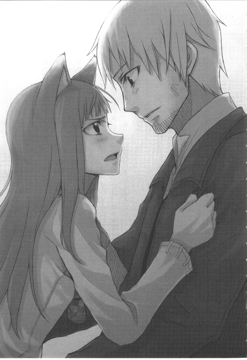 ayakura juu, craft lawrence, holo, spice and wolf, highres, novel illustration, official art, 00s, 1boy, 1girl, animal ears, facial hair, goatee stubble, greyscale, monochrome, stubble, wolf ears