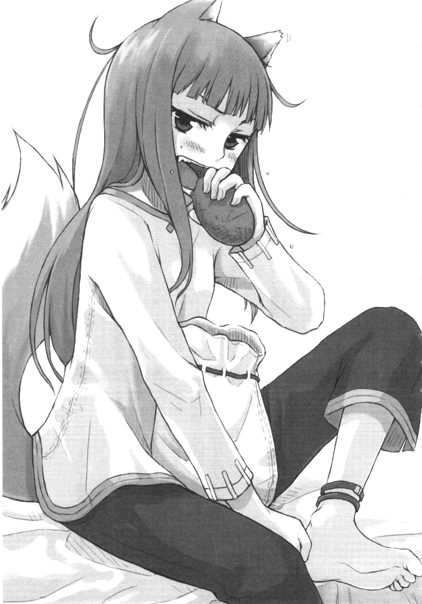 ayakura juu, holo, spice and wolf, highres, novel illustration, official art, 00s, 1girl, animal ears, anklet, barefoot, bread, capri pants, eating, feet, female focus, food, greyscale, jewelry, monochrome, pants, solo, tail, wolf ears, wolf tail