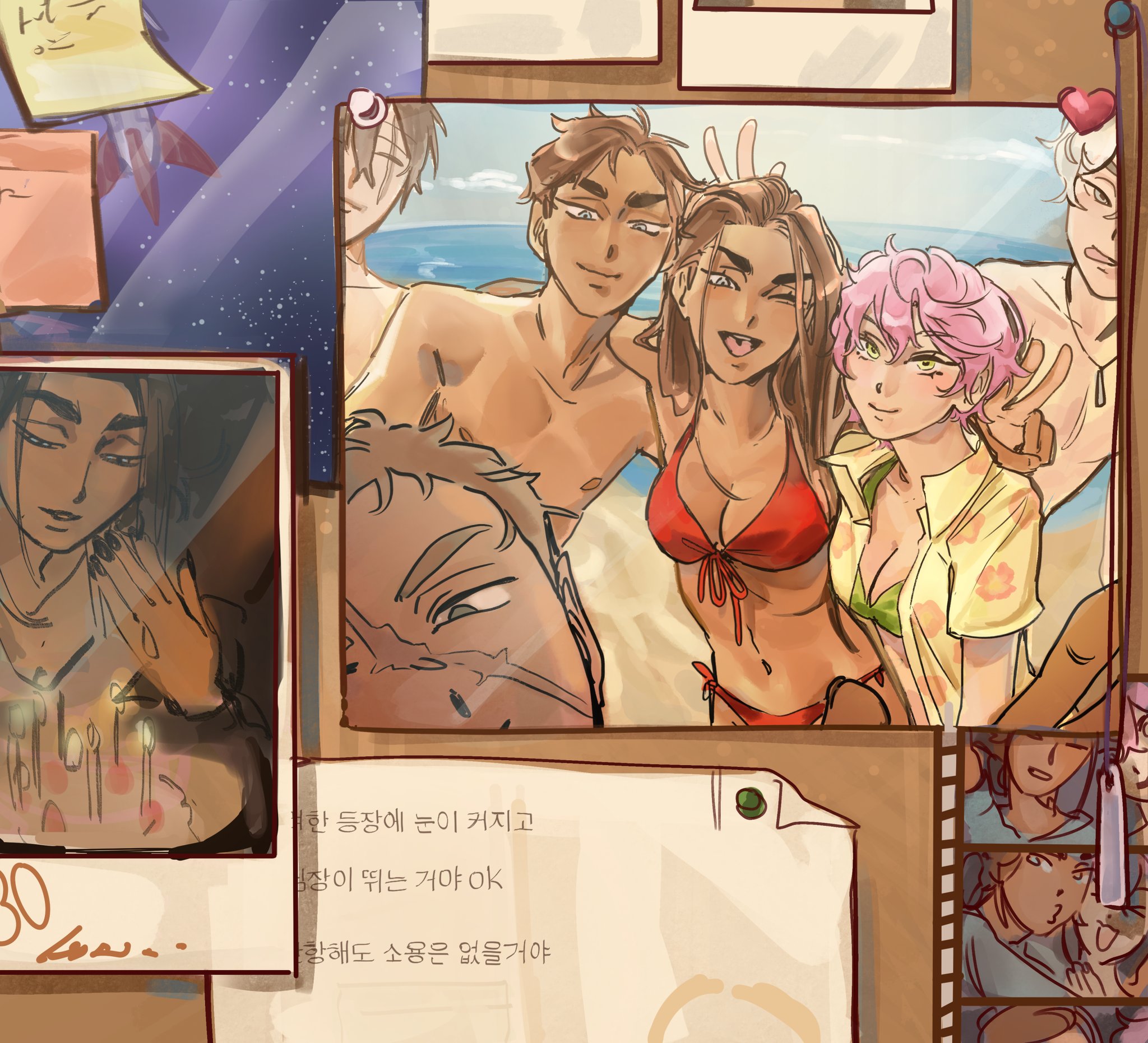 michaeelwave, hyuna (alien stage), mizi (alien stage), alien stage, commentary, english commentary, highres, second-party source, 2girls, 4boys, beach, bikini, blonde hair, breasts, bulletin board, candle, dark-skinned female, dark-skinned male, dark skin, dewey (alien stage), green bikini, grey eyes, hawaiian shirt, hyunwoo (alien stage), isaac (alien stage), jacob (alien stage), korean text, long hair, lyrics, multiple boys, multiple girls, navel, one eye closed, open clothes, open shirt, photo (object), pink hair, red bikini, scar, scar across eye, scar on face, shirt, short hair, short sleeves, sticky note, swimsuit, tongue, tongue out, very short hair, yellow eyes, yellow shirt