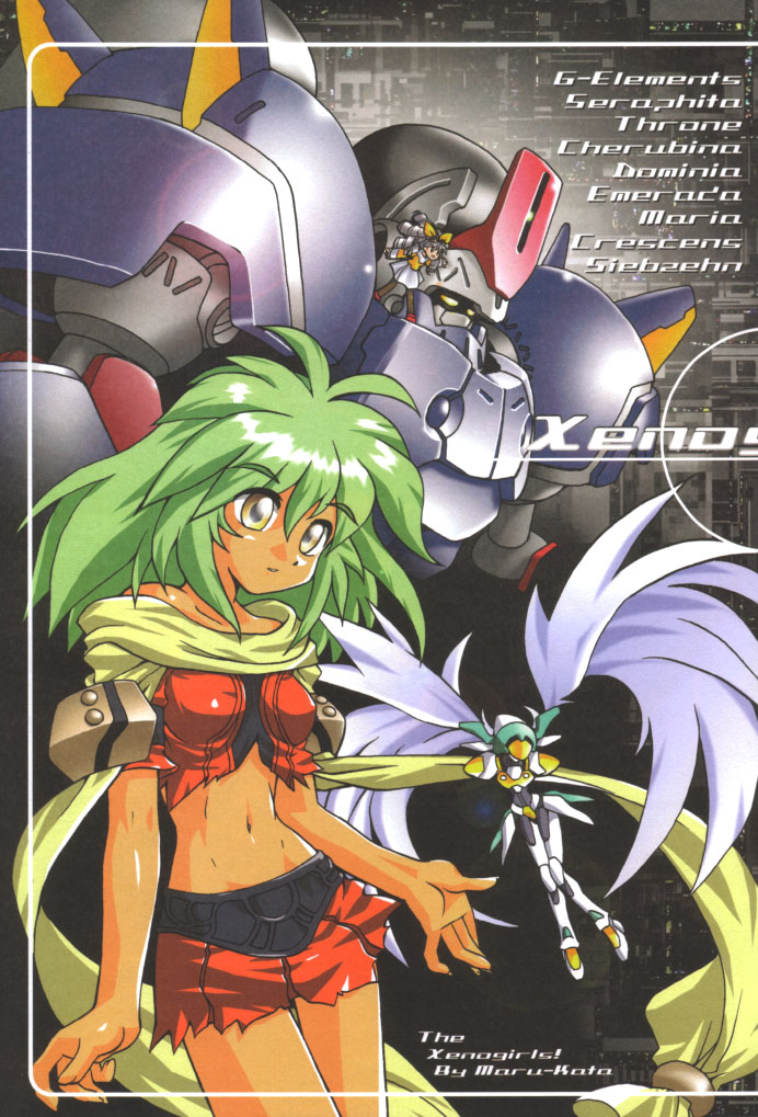 crescens, emerada (xenogears), maria balthasar, seibzehn, xenogears, silver hair, 2girls, armor, bow, character name, dark-skinned female, dark skin, dress, drill hair, green hair, hair bow, mecha, midriff, multiple girls, pantyhose, pauldrons, robot, scarf, shoulder armor, skirt, torn clothes, yellow eyes