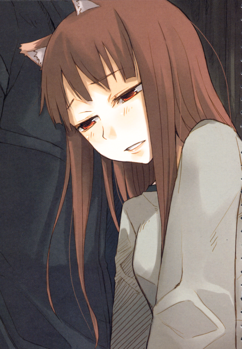 ayakura juu, holo, spice and wolf, highres, novel illustration, official art, 00s, 1girl, animal ears, female focus, solo, wolf ears