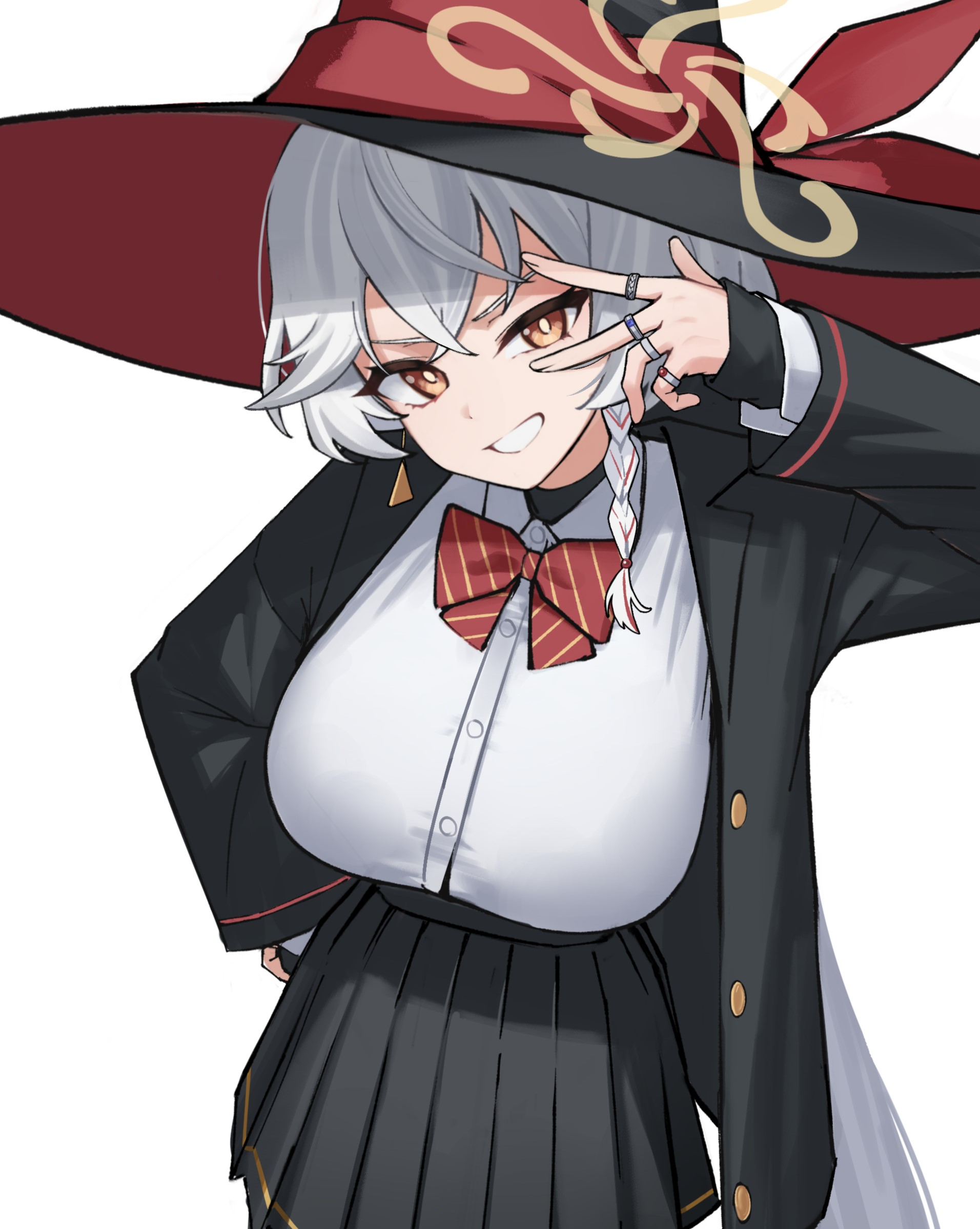 aoi riko, eri (blue archive), blue archive, commentary request, highres, partial commentary, 1girl, black hat, black jacket, black skirt, bow, bowtie, braid, breasts, bright pupils, grey hair, halo, hat, jacket, jewelry, large breasts, long hair, looking at viewer, multicolored hair, multiple rings, pleated skirt, red bow, red bowtie, red hair, ring, school uniform, shirt, simple background, single braid, skirt, smile, solo, streaked hair, striped bow, striped bowtie, striped clothes, two-tone hair, undershirt, very long hair, w, w over eye, white background, white pupils, white shirt, witch hat