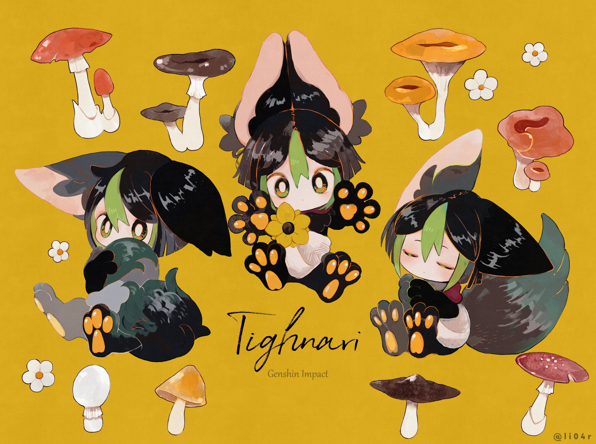 li04r, tighnari (genshin impact), genshin impact, commentary request, highres, 1boy, animal hands, black hair, blush, closed eyes, double-parted bangs, flower, green eyes, green hair, male focus, multicolored hair, multiple views, mushroom, orange background, outstretched arms, pawpads, sitting, streaked hair, tail, white flower, yellow flower