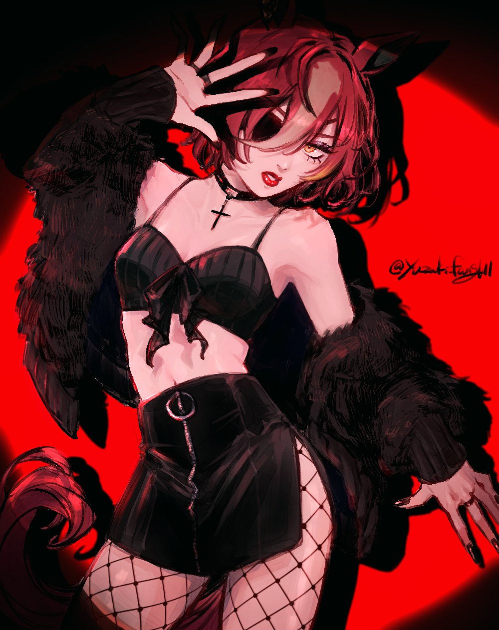yuzuki v, tanino gimlet (umamusume), umamusume, highres, 1girl, animal ears, bare shoulders, bikini, bikini top only, black bikini, black choker, black jacket, black nails, black skirt, brown hair, choker, cross, cross necklace, eyepatch, fingernails, fishnet pantyhose, fishnets, fur jacket, hair between eyes, horse ears, horse girl, horse tail, jacket, jewelry, long fingernails, looking at viewer, midriff, multicolored hair, navel, necklace, pantyhose, parted lips, red lips, short hair, side slit, sidelocks, skirt, solo, swimsuit, tail, two-tone hair, white hair, yellow eyes