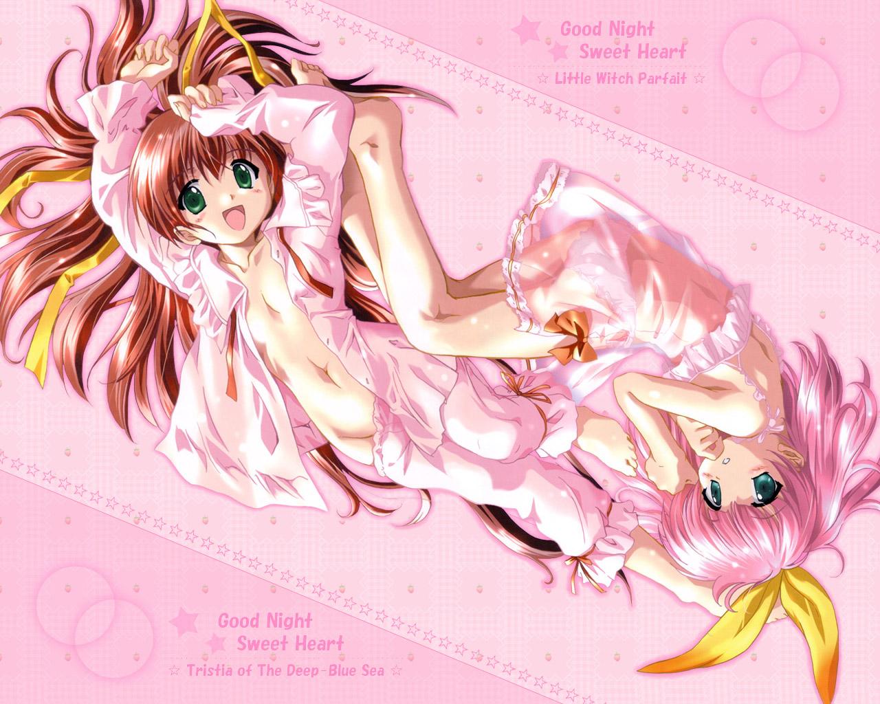 komatsu eiji, nanoca flanka, parfait shucrell, parfait sucreal, aoi umi no tristia, little witch parfait, 00s, 2girls, :d, aqua eyes, arms up, barefoot, blush, brown hair, chemise, crossover, feet, flat chest, green eyes, groin, hair ribbon, hair spread out, loli, long hair, lying, multiple girls, navel, no bra, no panties, on back, on side, open clothes, open mouth, open shirt, pajamas, pajamas pull, panties, pink hair, ribbon, see-through clothes, shirt, smile, underwear, very long hair