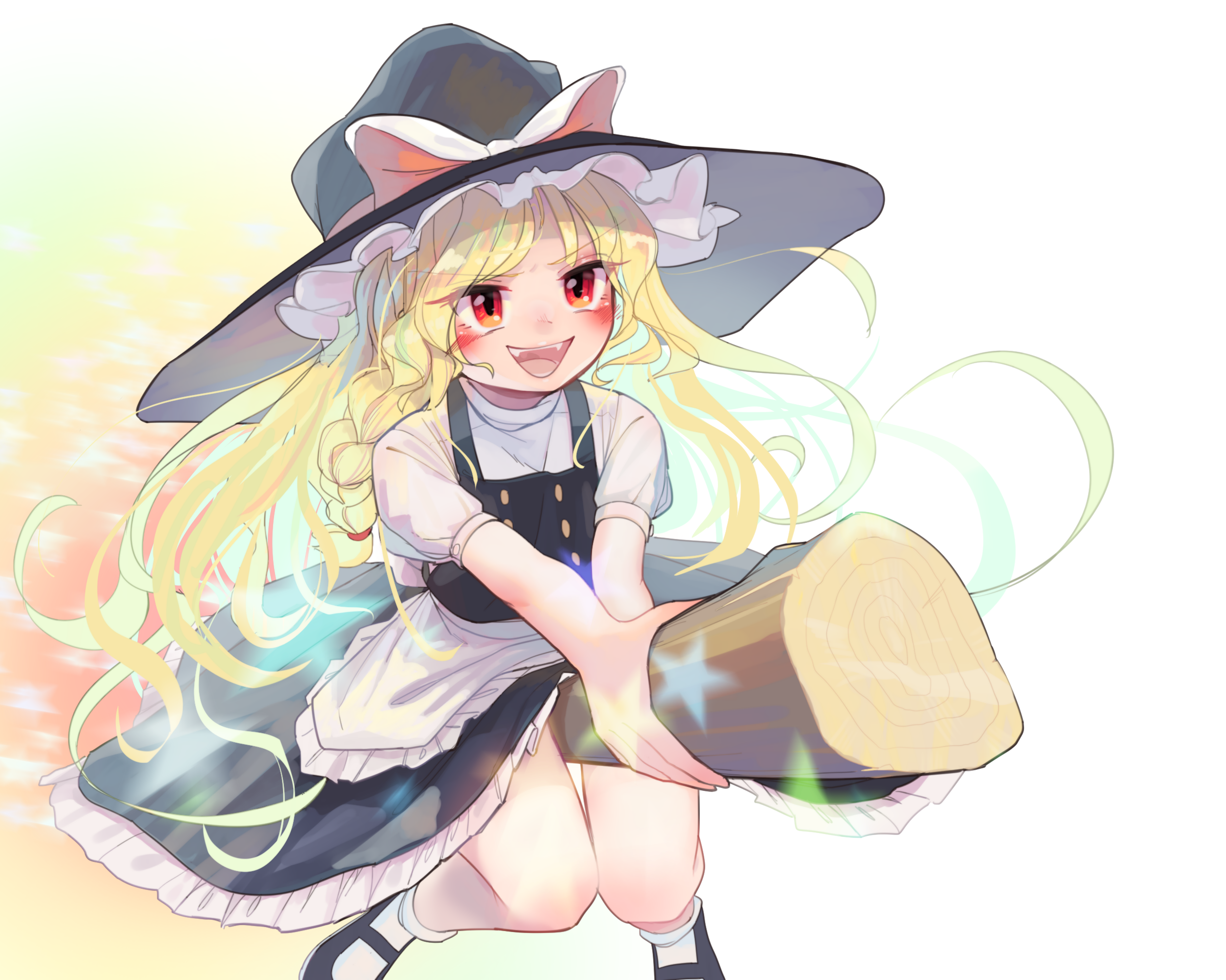 housulu, kirisame marisa, touhou, commentary request, highres, 1girl, apron, black hat, black shoes, black skirt, black vest, blonde hair, blush, bow, braid, broom, broom riding, fangs, foreshortening, frilled apron, frilled skirt, frills, hat, hat bow, knees, long hair, mary janes, open mouth, red bow, red eyes, shirt, shoes, short sleeves, single braid, skirt, smile, solo, thighs, vest, white apron, white background, white bow, white shirt, witch hat