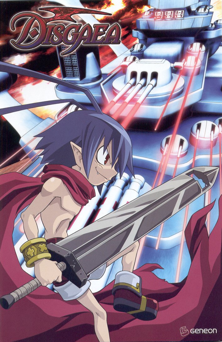 laharl, disgaea, makai senki disgaea, non-web source, official art, 00s, 1boy, battleship, blue hair, bracelet, cape, fang, fangs, gun, jewelry, laser, male focus, military, military vehicle, pointy ears, red eyes, ship, shoes, shorts, solo, sword, topless male, warship, watercraft, weapon