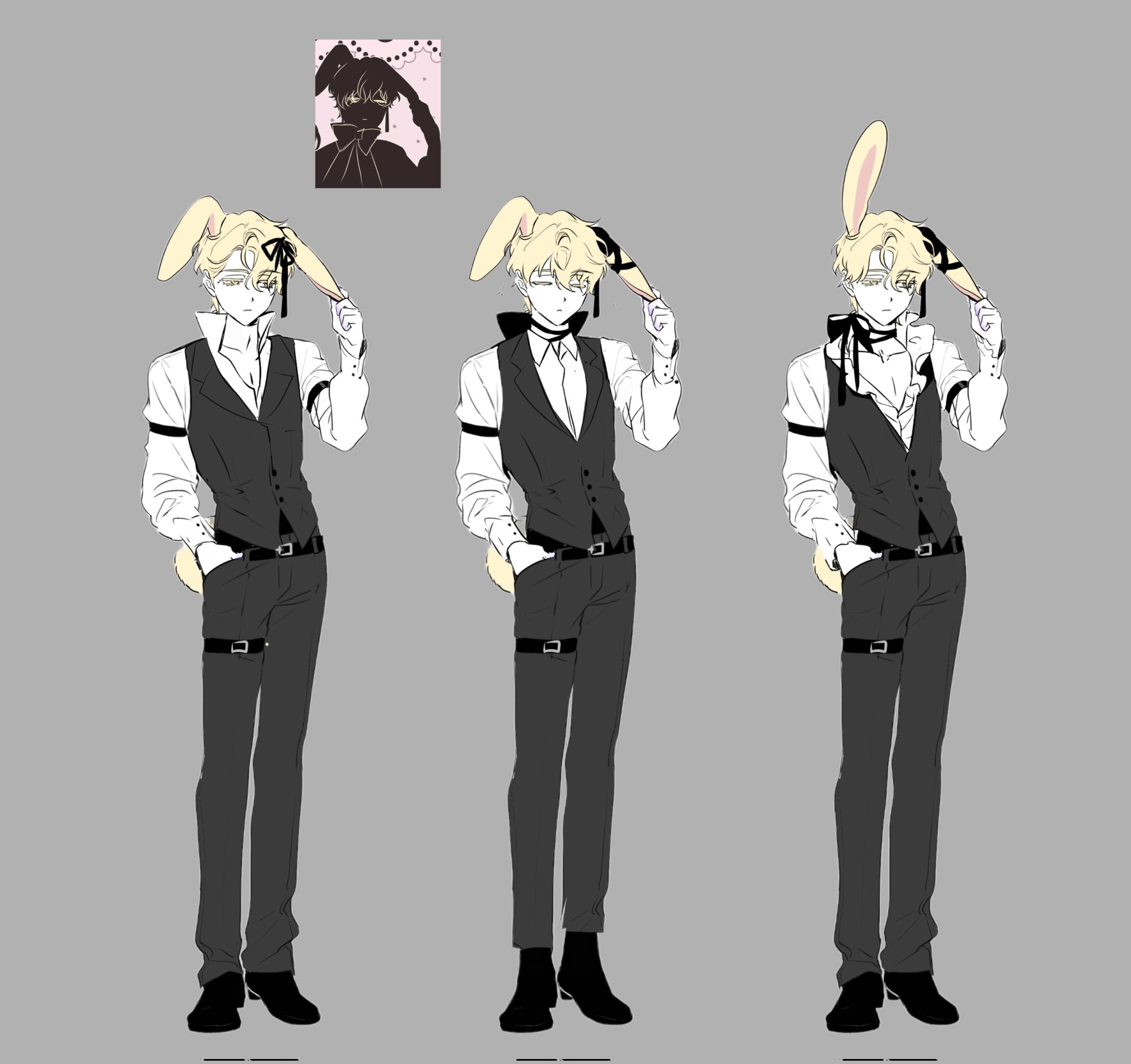 luka (alien stage), alien stage, commentary, corrupted twitter file, english commentary, highres, 1boy, armband, black bow, black choker, black pants, black shoes, black vest, blonde hair, bow, bow choker, choker, collared shirt, colored eyelashes, design speculation, grey background, hand in pocket, long sleeves, lubya, male focus, multiple views, pants, rabbit boy, rabbit tail, reference inset, shirt, shoes, tail, vest, white shirt, yellow eyes
