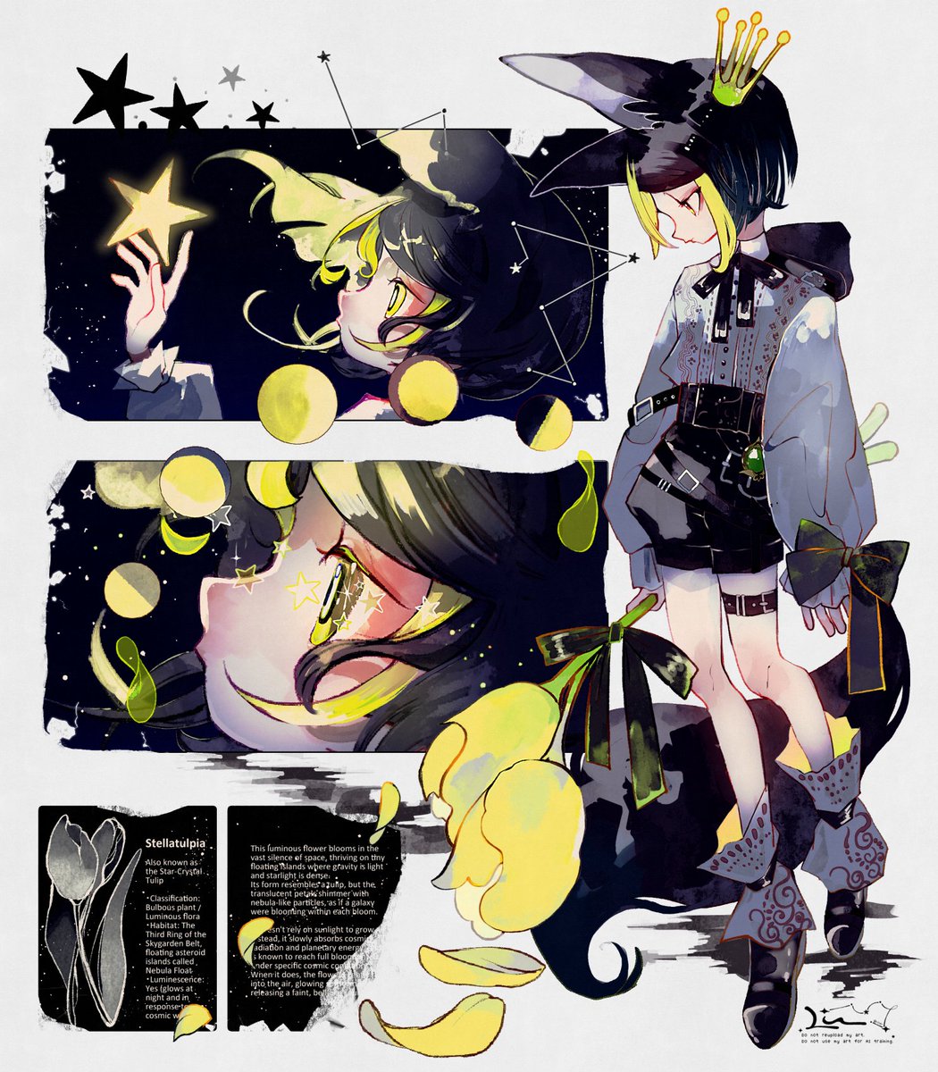 li04r, tighnari (genshin impact), genshin impact, commentary, highres, 1boy, alternate costume, animal ears, arm up, belt, belt buckle, black belt, black bow, black hair, black ribbon, black shorts, bow, buckle, constellation, english text, floating hair, flower, green eyes, green hair, grey shirt, high-waist shorts, holding, holding flower, long sleeves, looking up, male focus, multicolored hair, multiple views, neck ribbon, profile, puffy sleeves, ribbon, shirt, shorts, sky, sleeves past wrists, sparkle, star (sky), star (symbol), starry sky, streaked hair, thigh belt, thigh strap, yellow flower