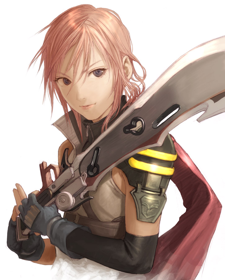 uni (plastic girl), lightning farron, final fantasy, final fantasy xiii, 10s, 1girl, brown hair, female focus, pink hair, scarf, solo, sword, weapon
