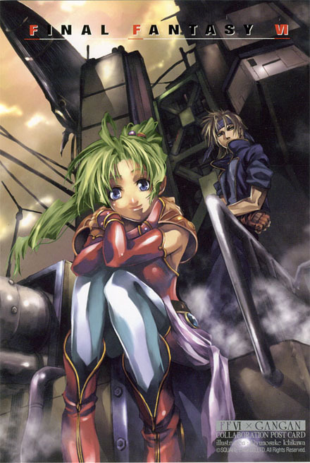 ichikawa ryunosuke, locke cole, tina branford, final fantasy, final fantasy vi, official art, 1990s (style), blue eyes, green hair, pantyhose, ponytail