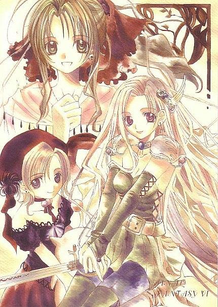 tenshin monogatari, celes chere, relm arrowny, tina branford, final fantasy, final fantasy vi, 1990s (style), amano yoshitaka design, blonde hair, dress, long hair, retro artstyle, ribbon, smile, sword, weapon
