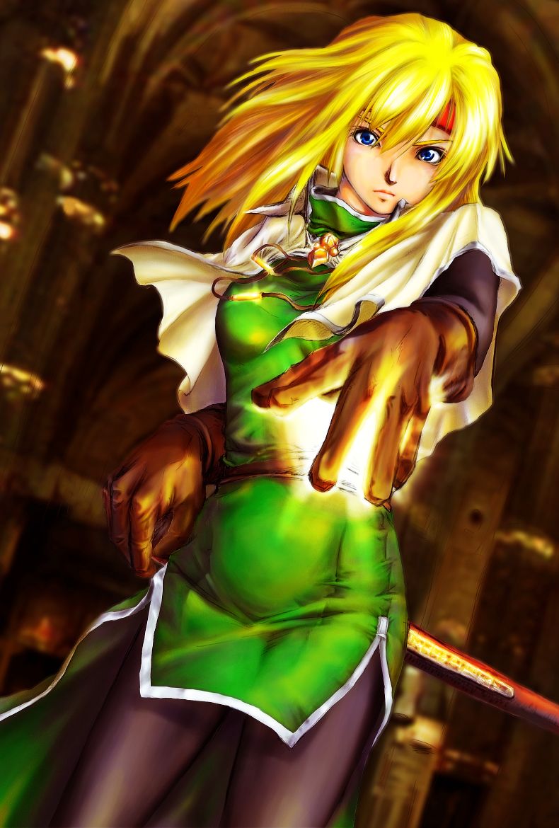 celes chere, final fantasy, final fantasy vi, 1990s (style), 1girl, blonde hair, blue eyes, capelet, female focus, indoors, magic, pantyhose, retro artstyle, solo, staff
