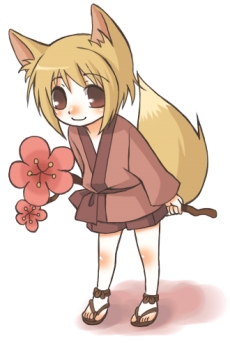 matsuzuki matsu, lowres, 1girl, animal ears, blonde hair, branch, brown eyes, chibi, female focus, flower, fox ears, fox tail, full body, japanese clothes, kimono, leaning forward, looking at viewer, plum blossoms, sandals, smile, solo, standing, tail, white background