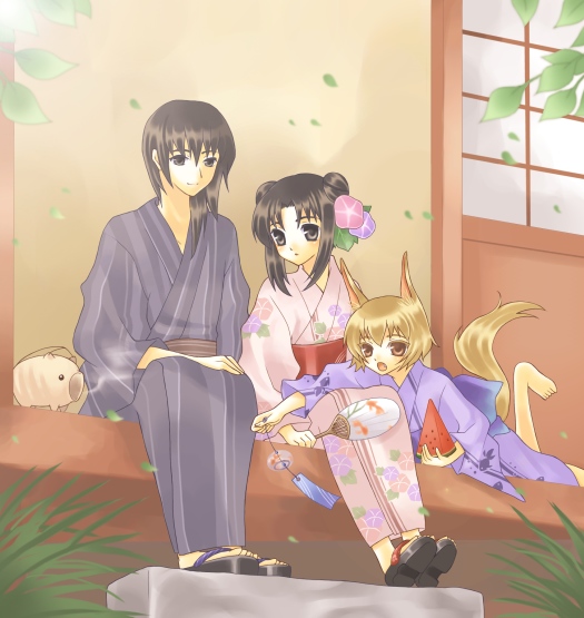 matsuzuki matsu, 1boy, 2girls, animal ears, boar, double bun, food, fox ears, fruit, japanese clothes, multiple girls, porch, watermelon